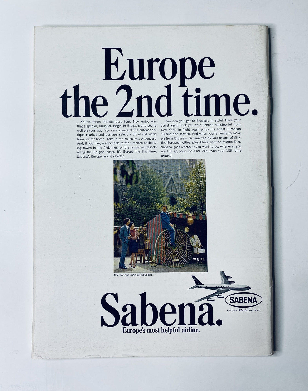 Back cover of The New Yorker Magazine February 18, 1967, featuring an advertisement for Sabena airline, promoting travel to Europe with an eye-catching design.