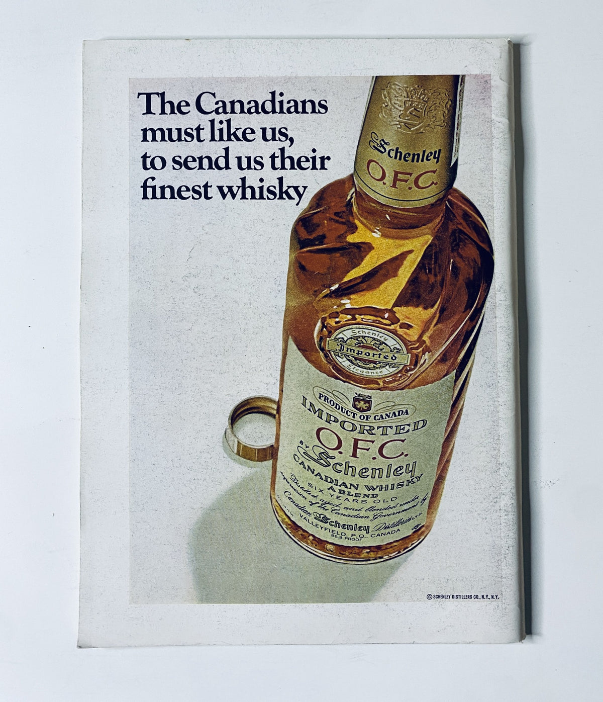 Advertisement from The New Yorker Magazine April 29, 1967 promoting Schenley imported Canadian whisky, featuring an elegant bottle design.