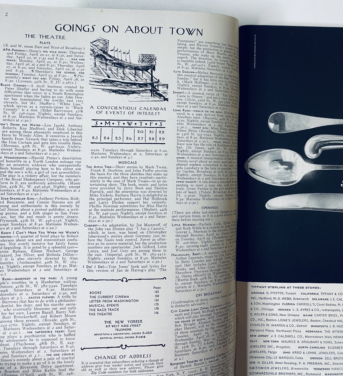 Interior page of The New Yorker Magazine April 22, 1967 showing the 'Goings On About Town' section with a calendar of events in New York City.