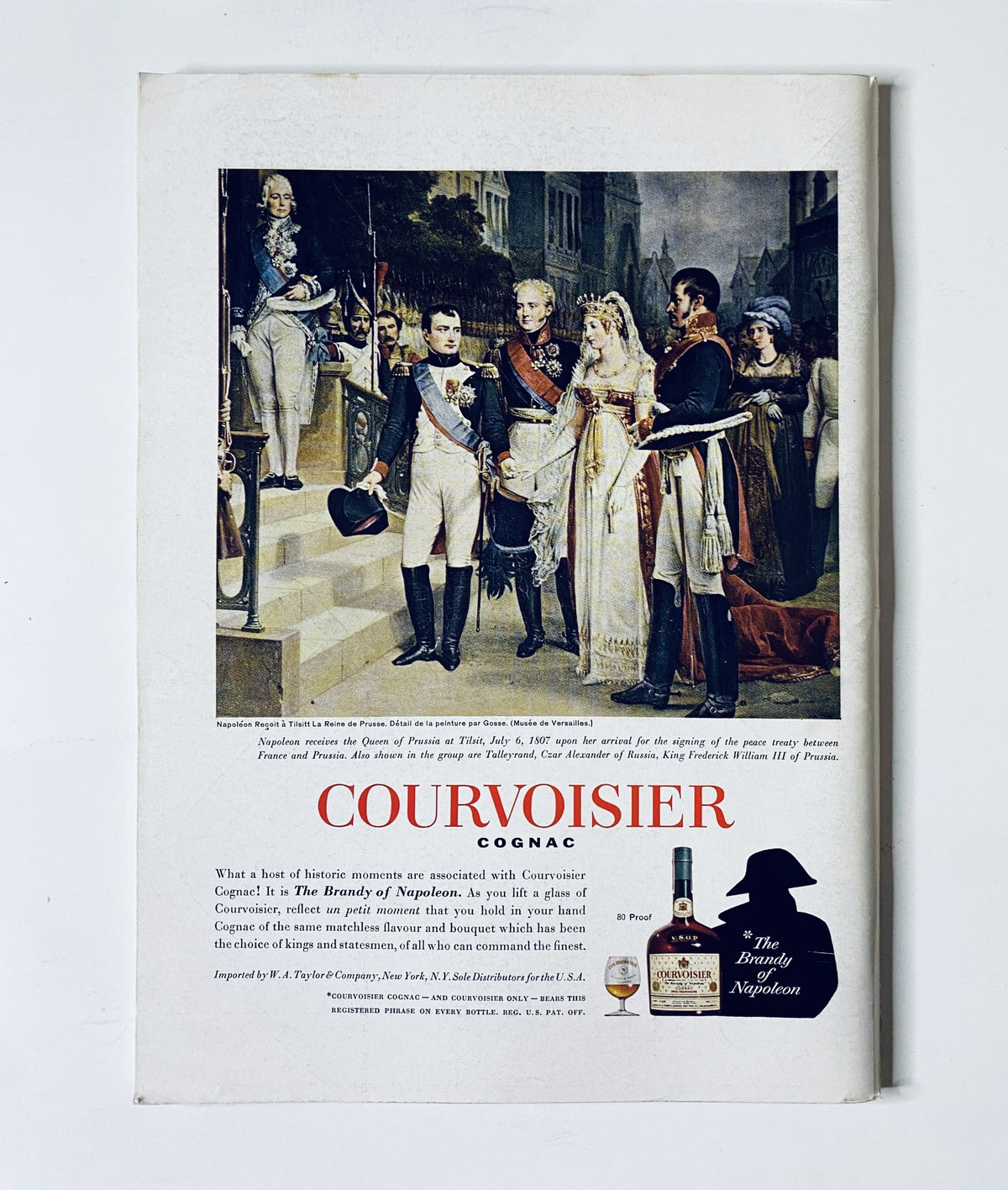 Historical Courvoisier Cognac advertisement featuring a scene with Napoleon and his generals, showcasing the brand's connection to historical events. The New Yorker Magazine April 22, 1967 Arthur Getz Cityscape Cover VG.