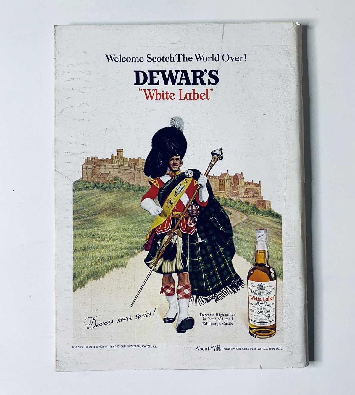 Back cover of The New Yorker Magazine from November 4, 1967 featuring an advertisement for Dewar's White Label scotch, illustrating a Scottish soldier and a bottle of whiskey.
