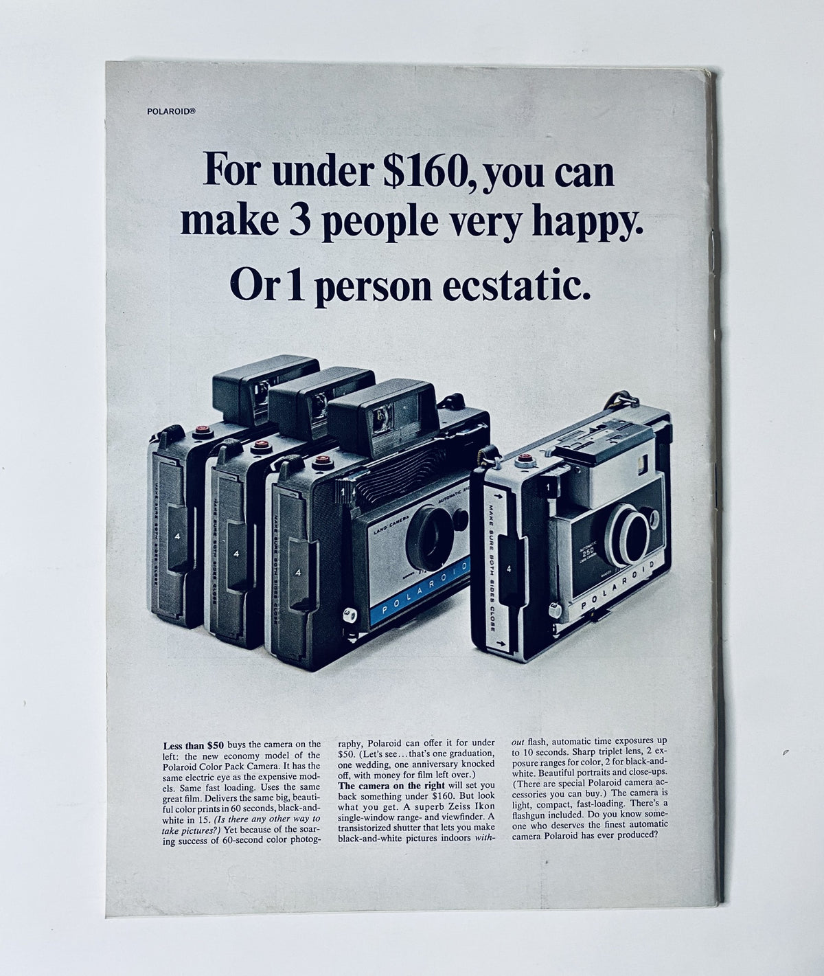 Advertisement in The New Yorker Magazine July 8, 1967, promoting cameras available for under $160, emphasizing their affordability and features, aimed at enthusiasts.