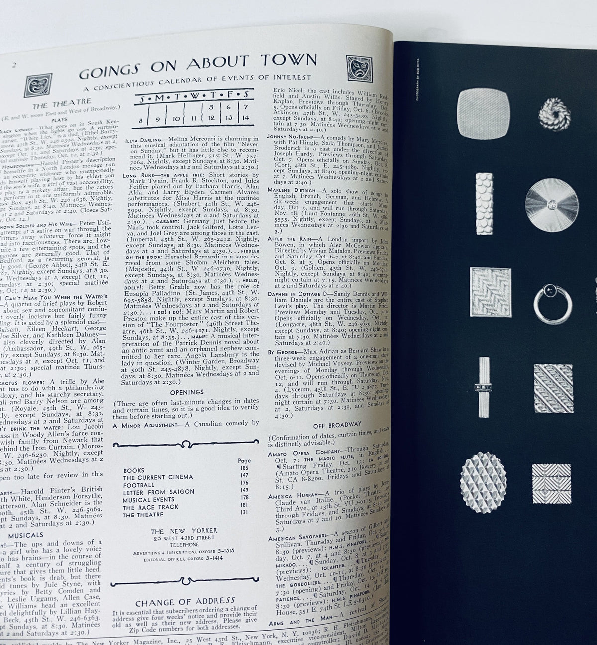 Inside page of The New Yorker Magazine October 7, 1967 showing the 'Goings On About Town' section with calendar of events and listings, illustrating the magazine's content and layout.