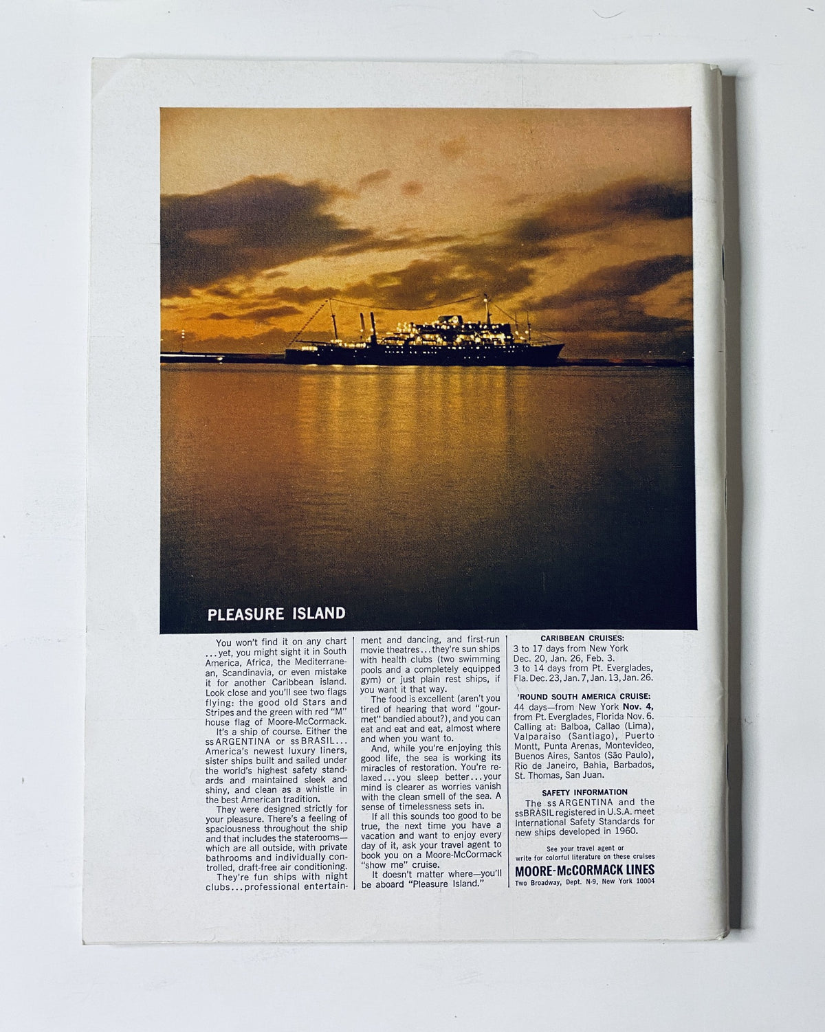 Advertisement for Pleasure Island cruise from The New Yorker Magazine September 9, 1967, showcasing a ship at sunset with details on travel and leisure activities.