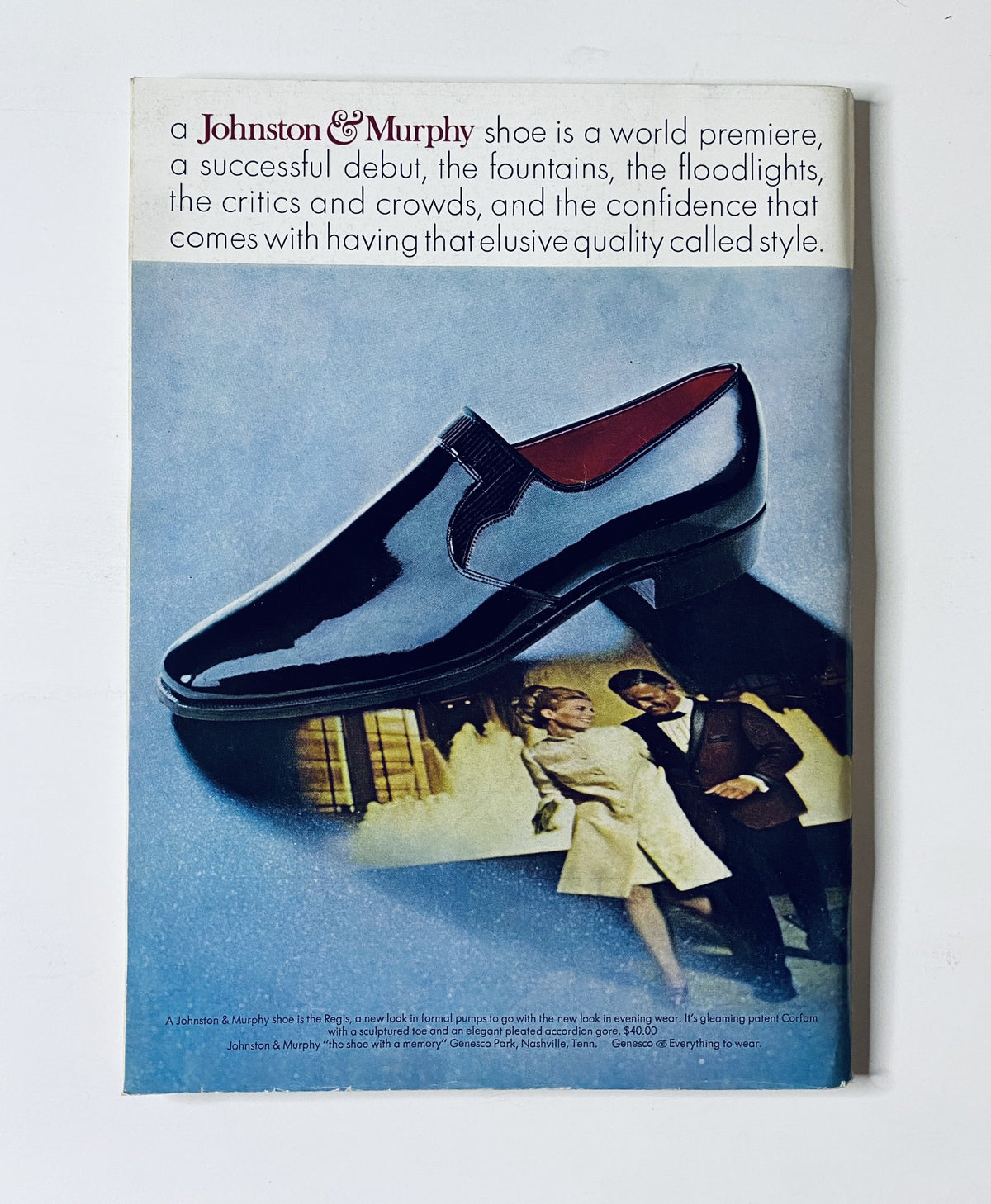 Advertisement for Johnston & Murphy shoes, published in The New Yorker Magazine on December 2, 1967, featuring a stylish shoe and showcasing a sophisticated fashion scene.