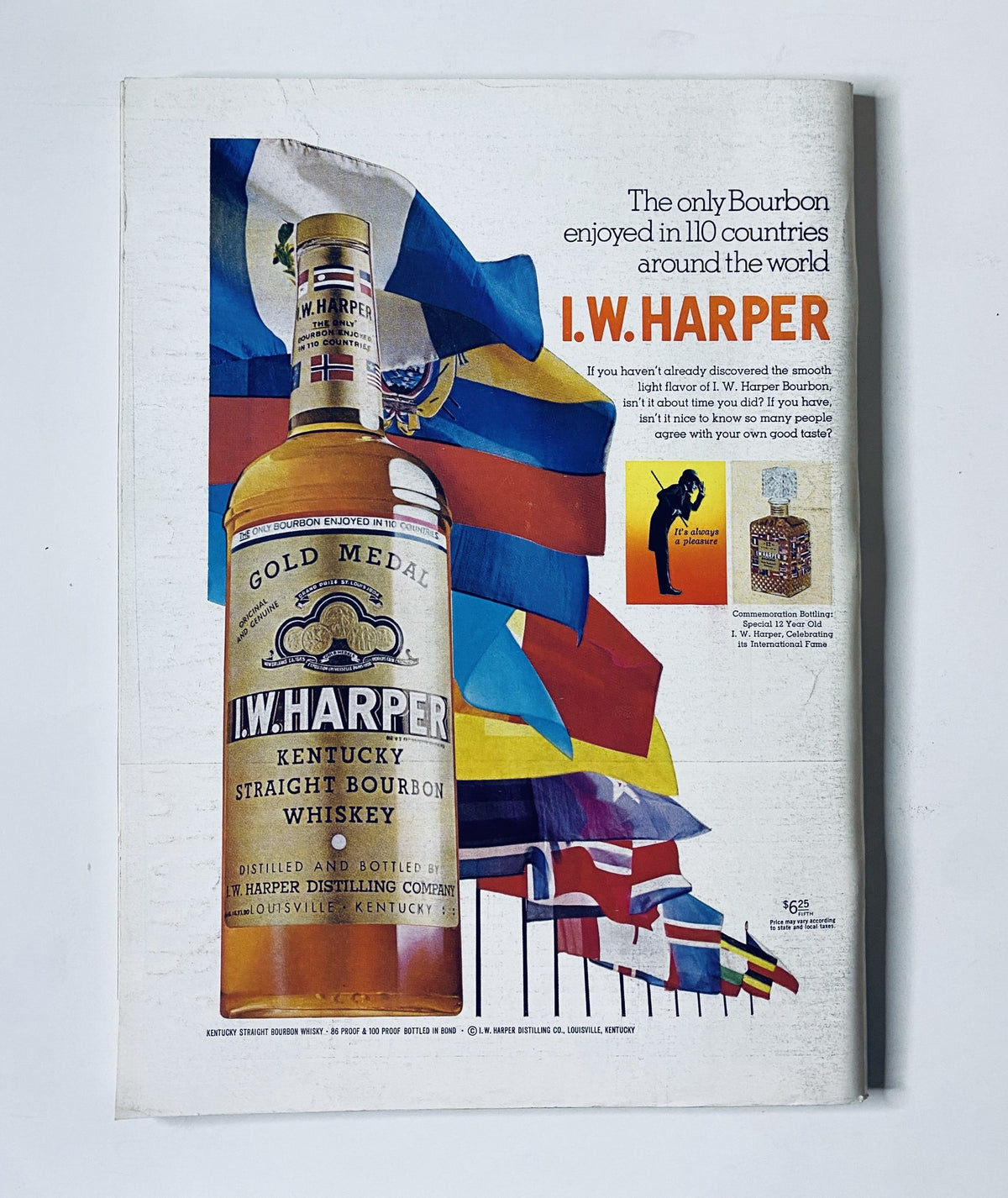 Advertisement for I.W. Harper Kentucky Straight Bourbon Whiskey featuring a prominent bottle design and international flags, showcasing the brand's global presence. The New Yorker Magazine November 18, 1967 Antiques Shop Cover Art Charles Martin.