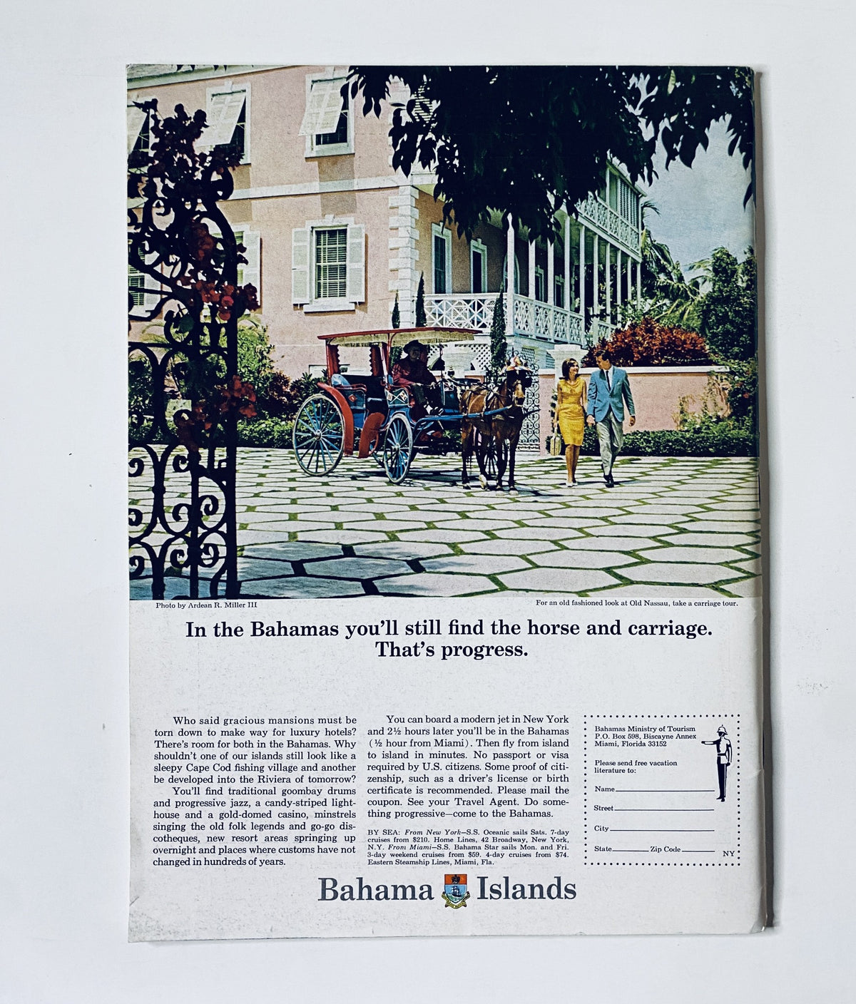 Advertisement in The New Yorker Magazine from January 21, 1967 promoting the Bahamas as a travel destination, highlighting a picturesque scene with a horse and carriage.