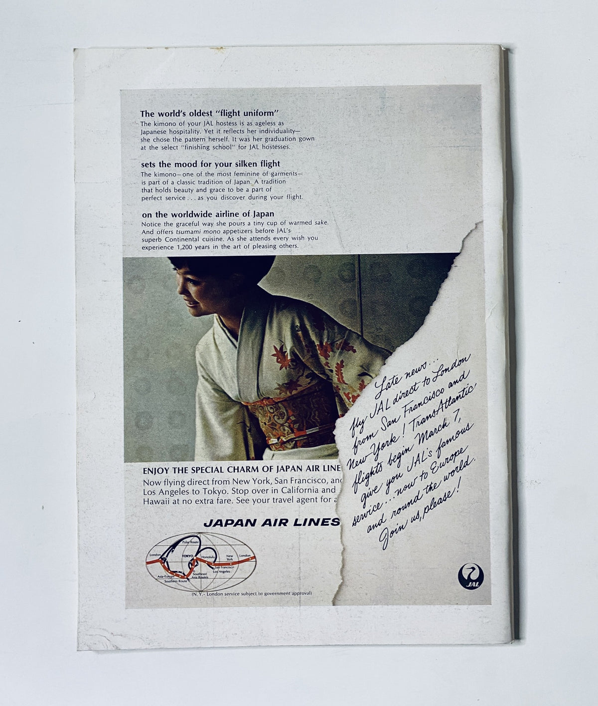 Back cover of The New Yorker Magazine January 28, 1967 featuring an advertisement for Japan Air Lines, showcasing traditional Japanese attire and travel highlights, along with handwritten notes.