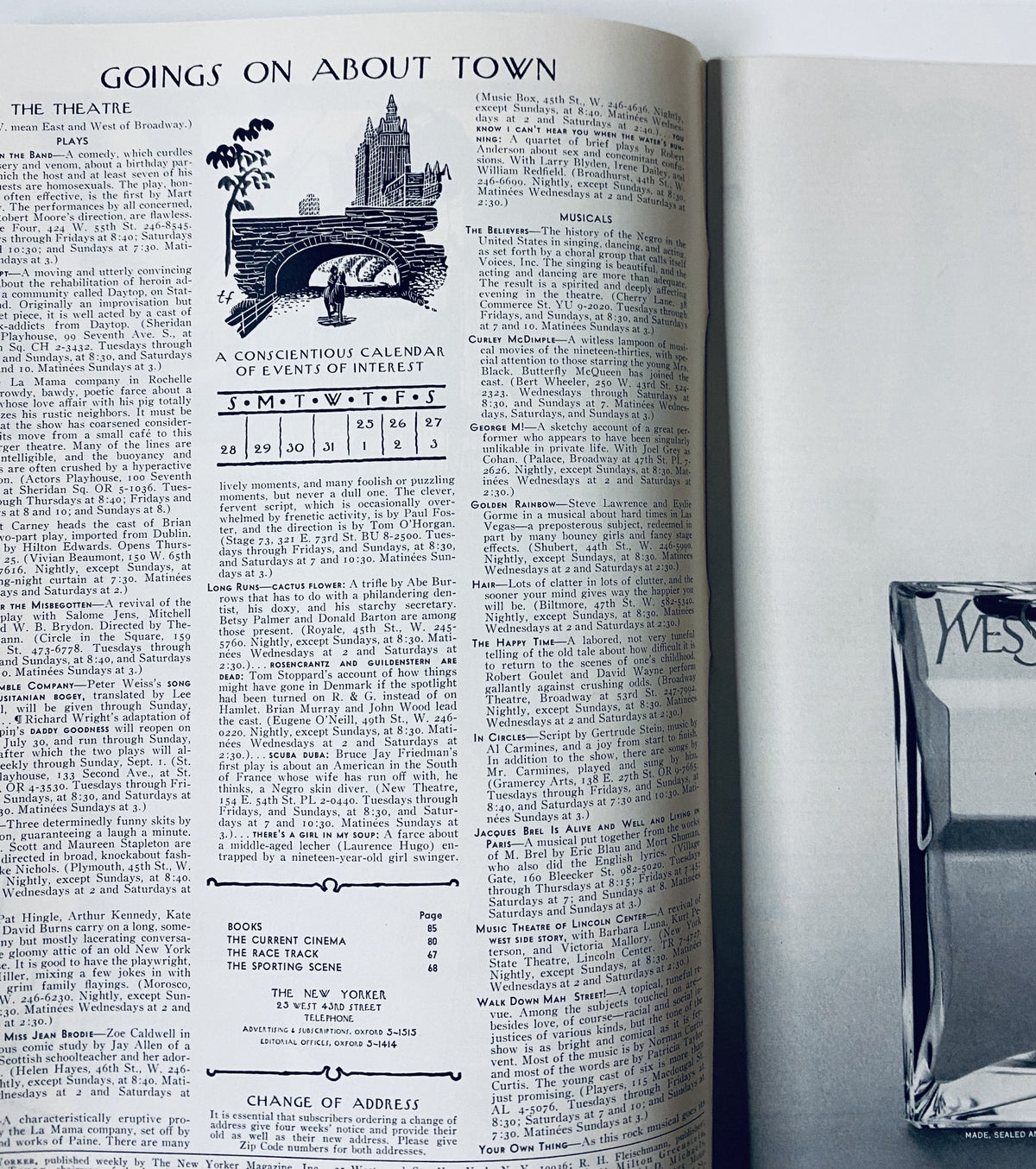 Goings On About Town page from The New Yorker Magazine July 27, 1968 Island Sailing Cover Art Abe Birnbaum, featuring calendar of events and sections on theatre and musicals.