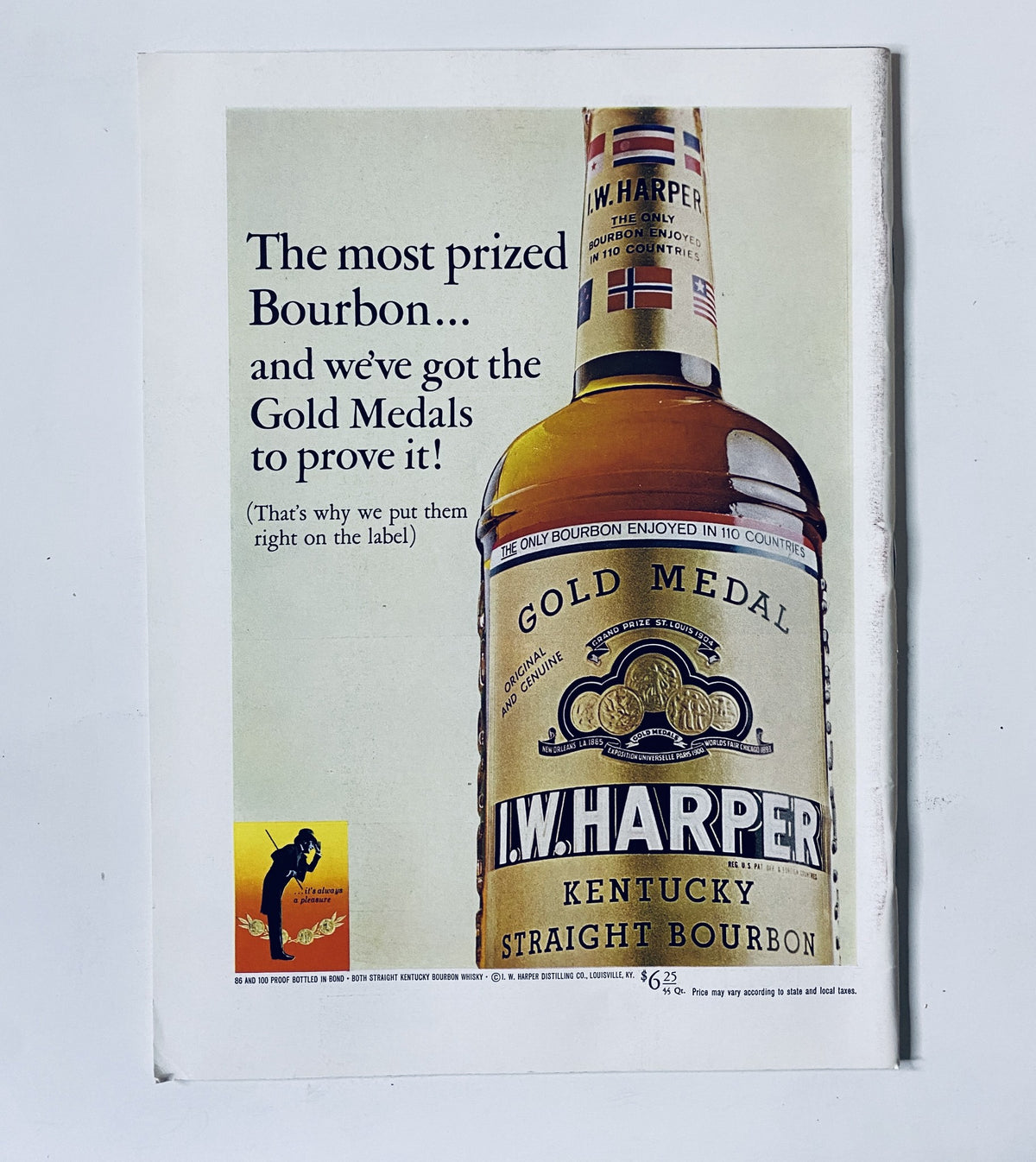 Advertisement for I.W. Harper Kentucky Straight Bourbon from The New Yorker Magazine July 27, 1968 Island Sailing Cover Art Abe Birnbaum, showcasing the bourbon bottle and a promotional message about its gold medals.