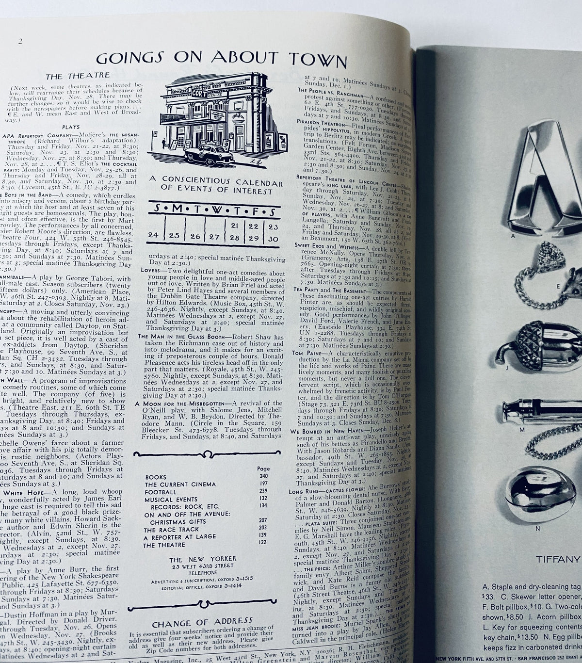 Inside page of The New Yorker Magazine, November 23, 1968, highlighting the calendar of events with a focus on the theatre and arts.