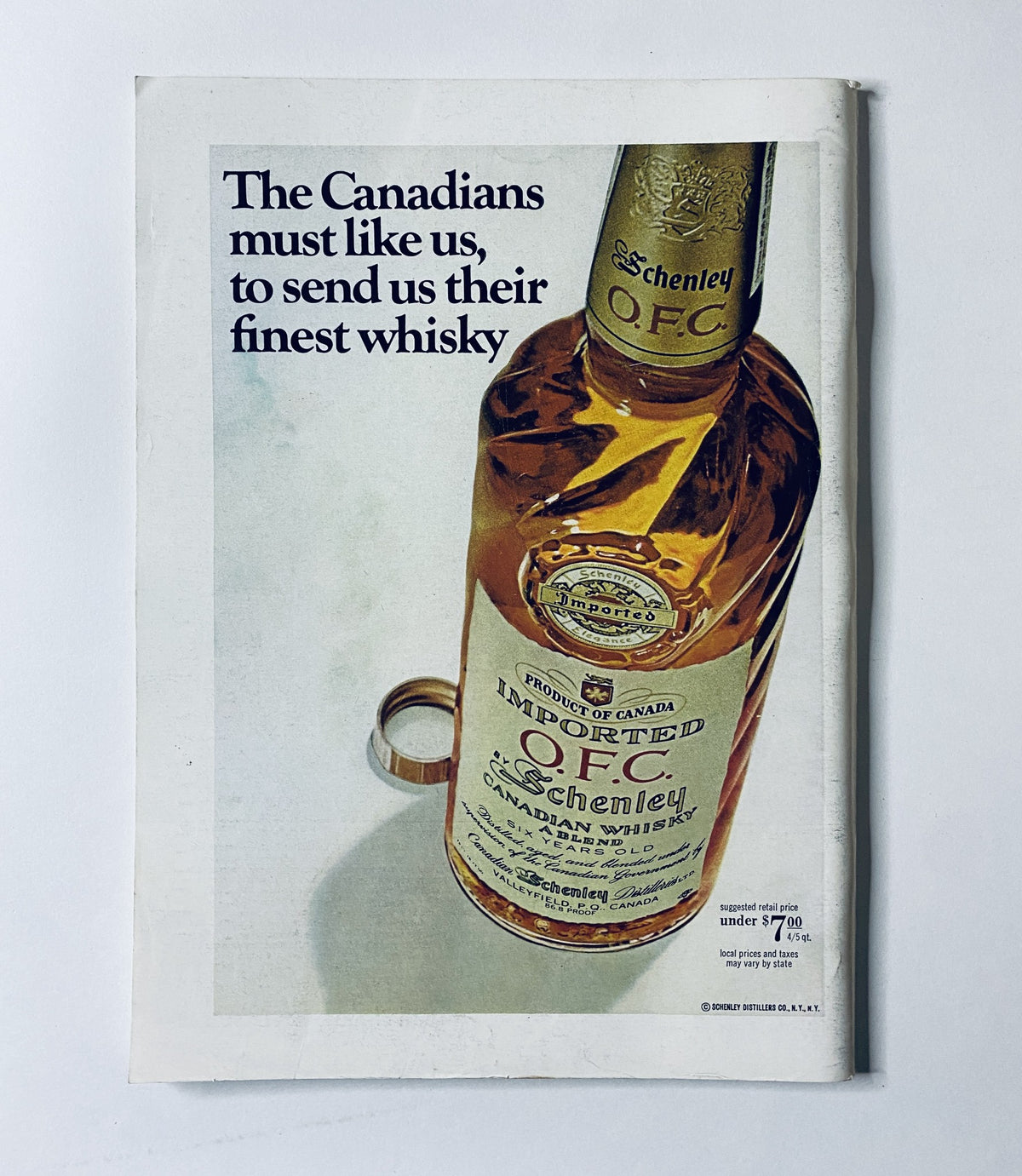 Advertisement in The New Yorker Magazine April 6, 1968 for OFC Canadian whisky, featuring a bottle and the text 'The Canadians must like us, to send us their finest whisky'.