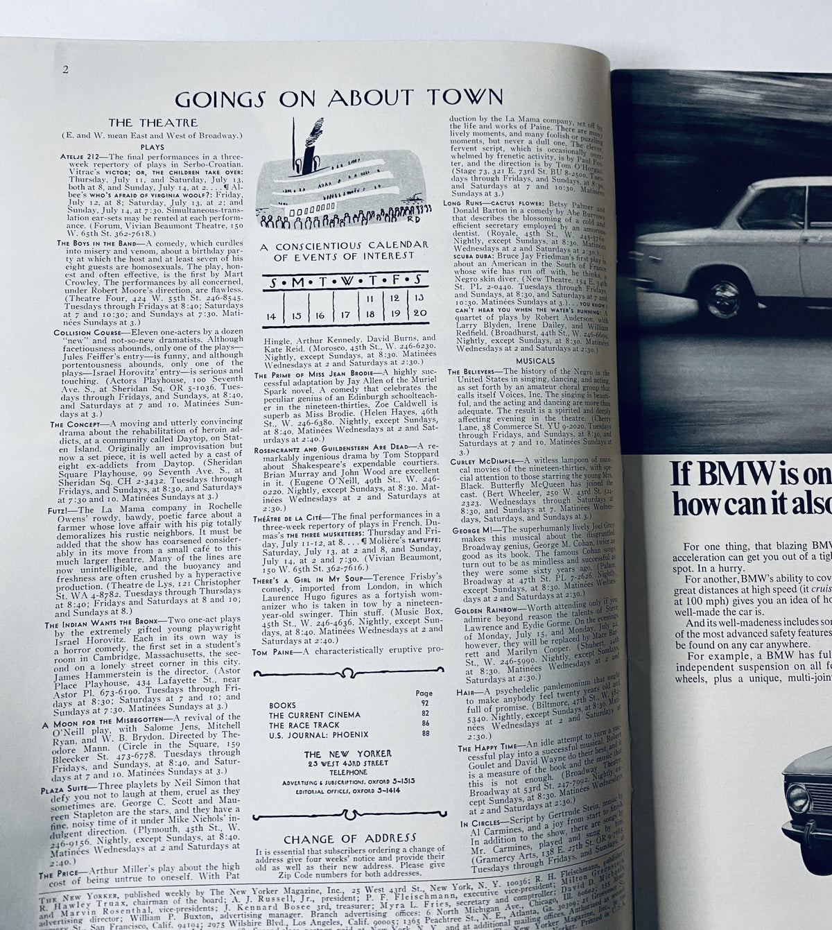 Inside page of The New Yorker Magazine July 13, 1968, showcasing the 'Goings On About Town' section, featuring a calendar of events and various advertisements.