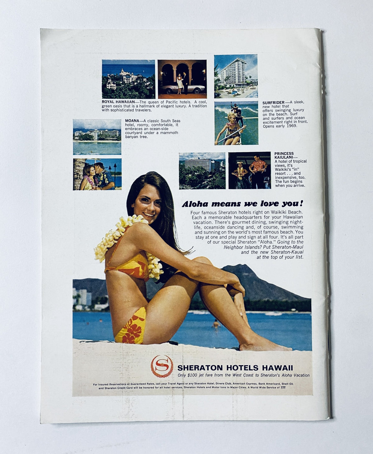 Back cover of The New Yorker Magazine July 13, 1968, featuring an advertisement for Sheraton Hotels Hawaii, illustrating a woman in a bikini on the beach with various hotel images.