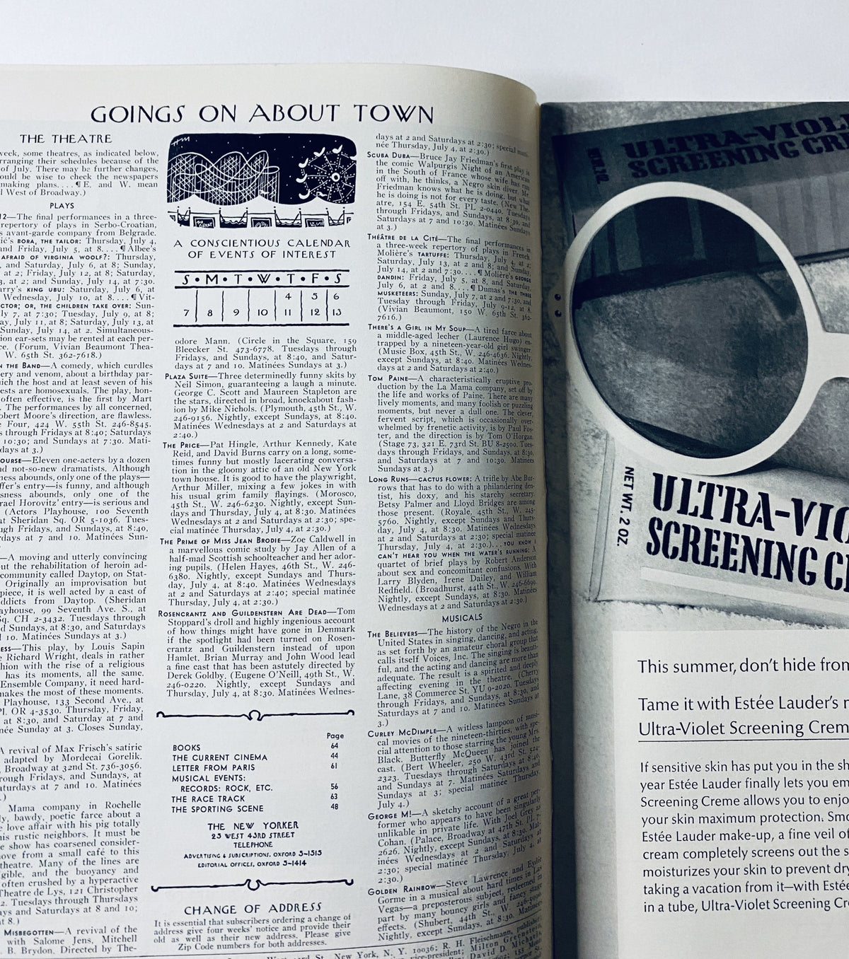 Interior page of The New Yorker Magazine July 6, 1968 detailing events in 'Goings On About Town'. The page includes a calendar of events and advertisements related to cultural happenings.