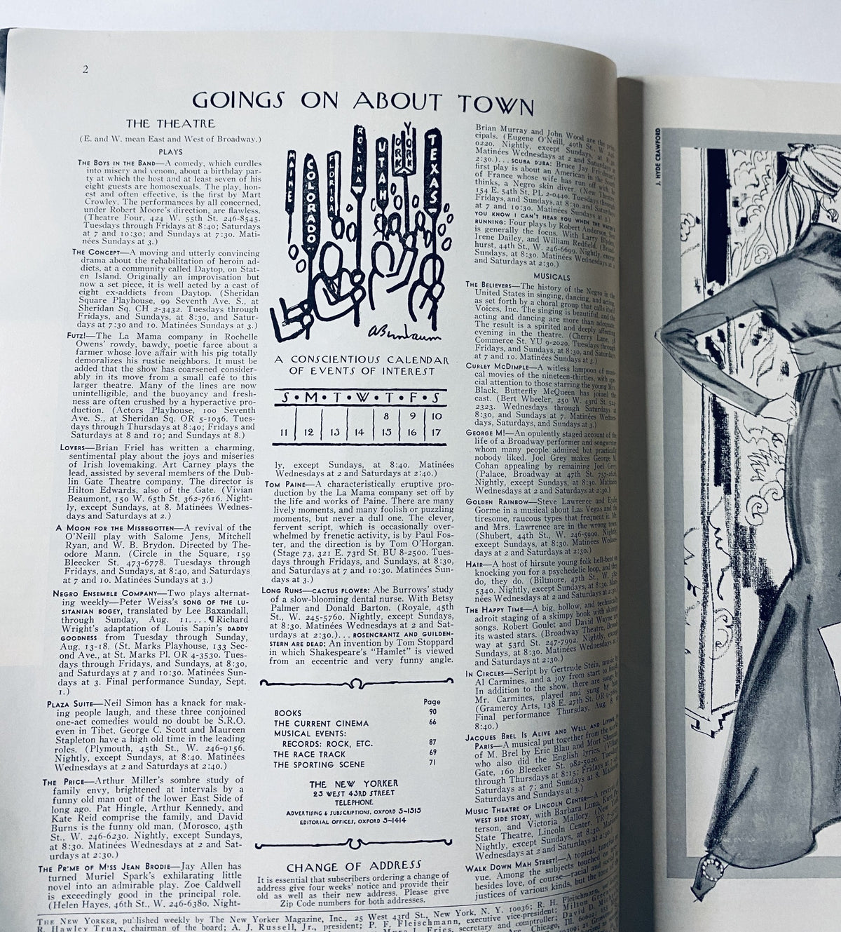 Page from The New Yorker Magazine August 10, 1968 featuring the section 'Goings On About Town' highlighting events of interest.