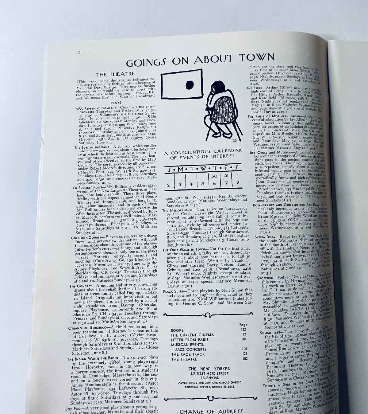 The New Yorker Magazine June 1, 1968 interior page featuring the 'Goings on About Town' section detailing events of interest, including theatre and cinema listings.