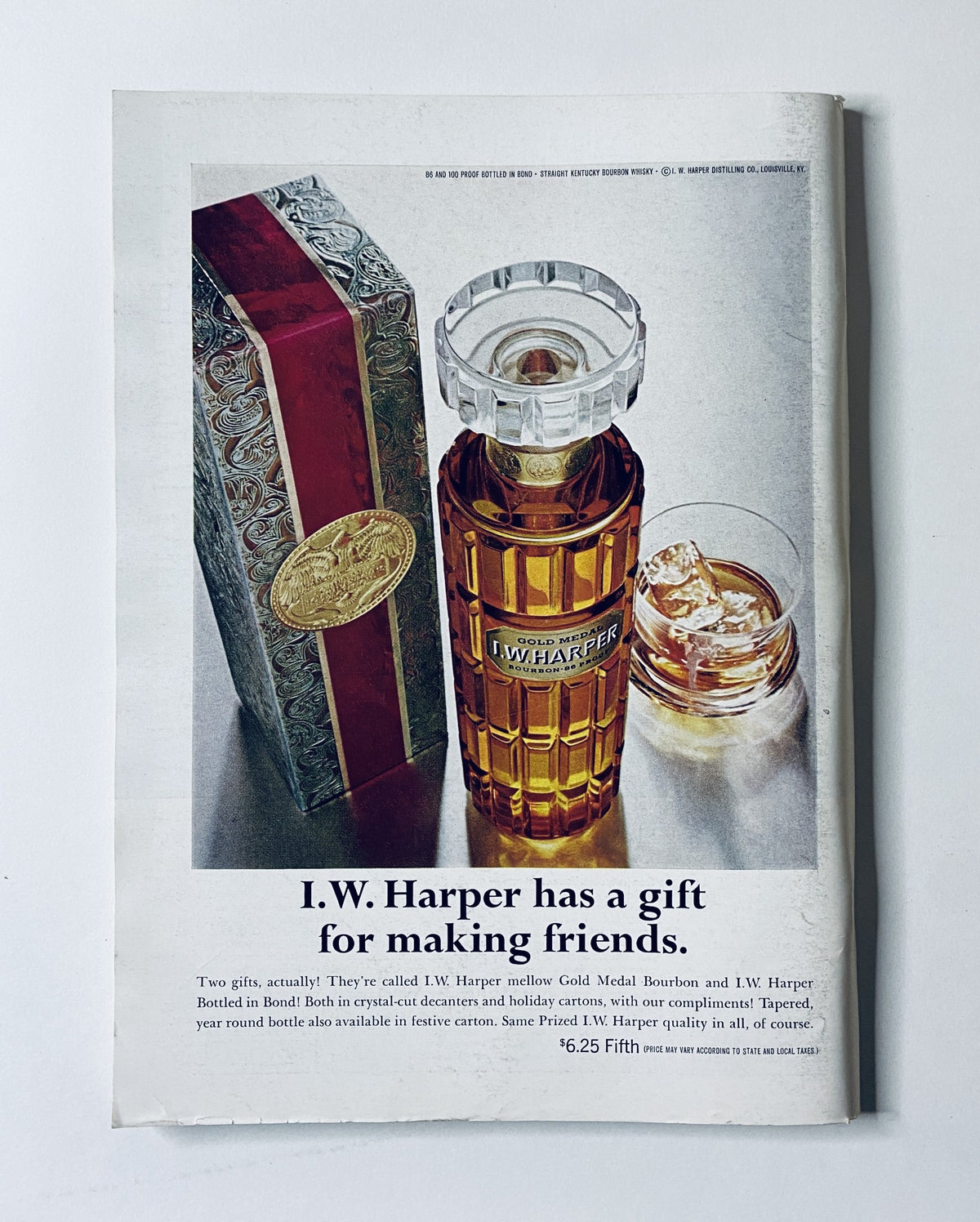 I.W. Harper whiskey advertisement showcasing a bottle in a decorative box alongside a glass of whiskey. The text highlights 'I.W. Harper has a gift for making friends.' Relevant to 'The New Yorker Magazine November 16, 1968 Abstract Alley Cover J. Folon VG'.