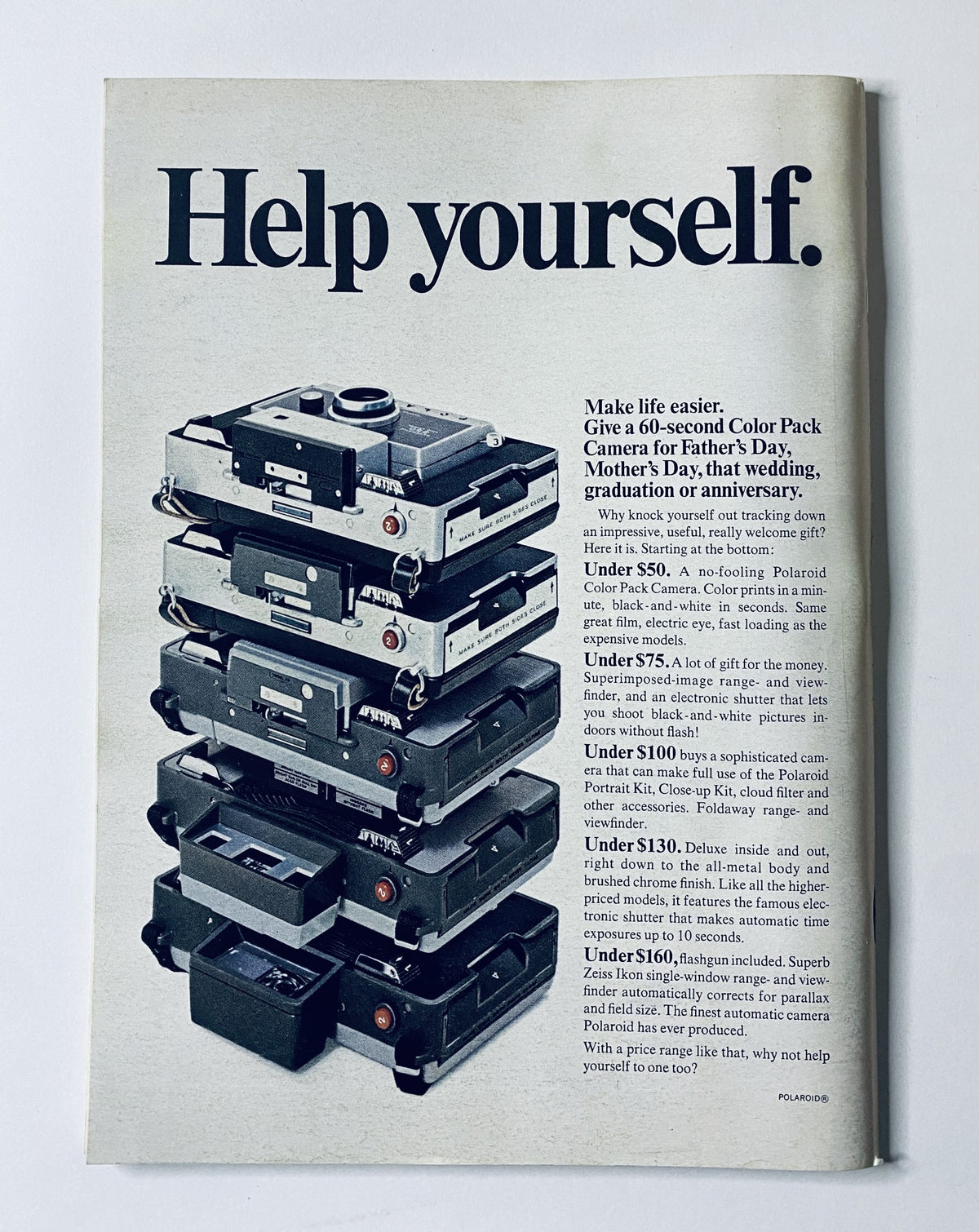 Advertisement from The New Yorker Magazine May 11, 1968, promoting Polaroid cameras, with a visual of various camera models and the text 'Help yourself.'