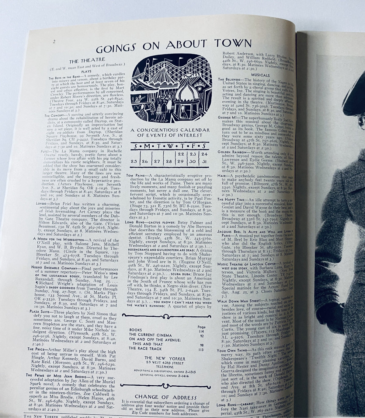 Inside page of The New Yorker Magazine August 24, 1968, featuring an illustrated calendar of events titled 'Goings On About Town', showcasing cultural activities and happenings.