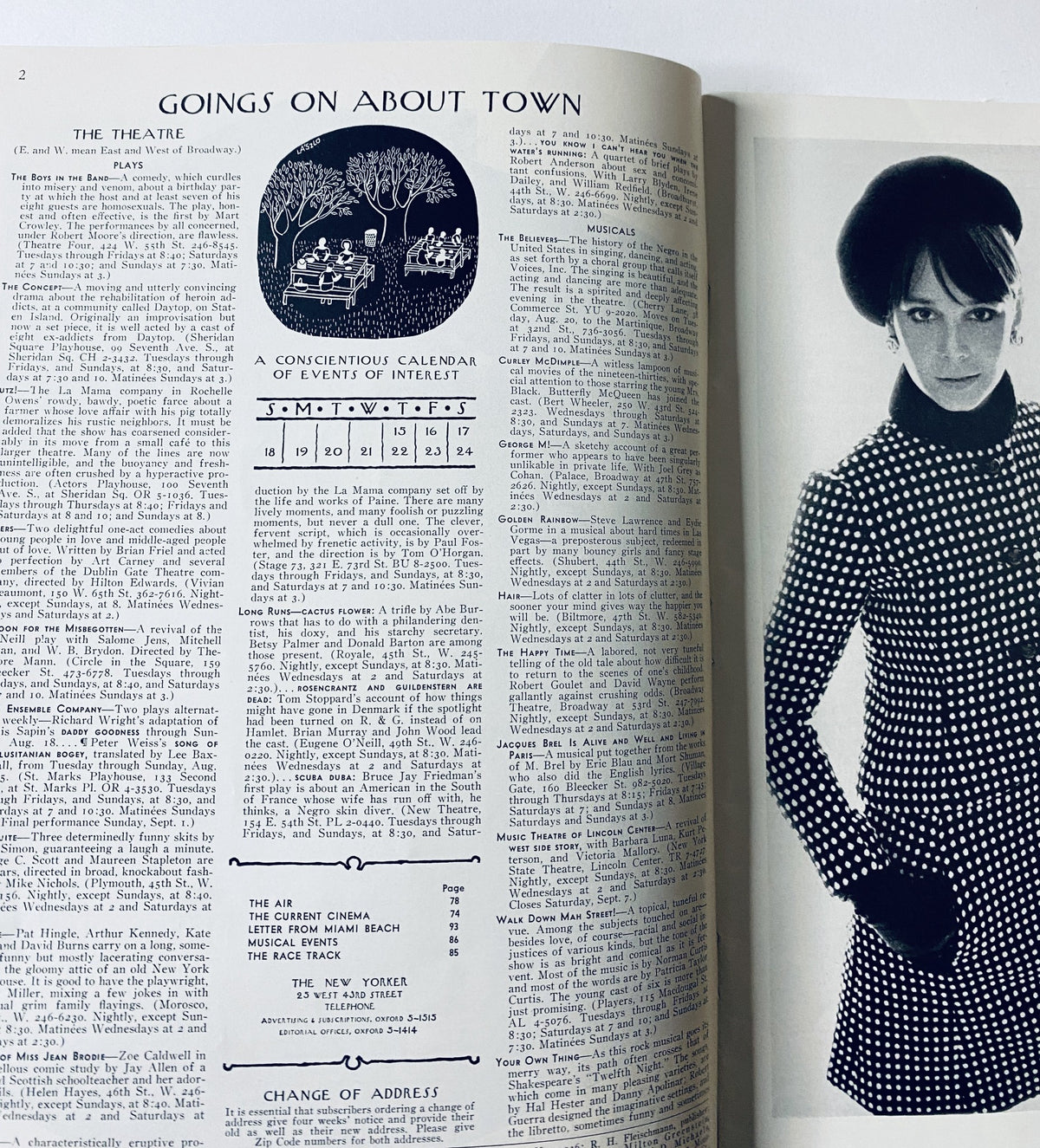 Page from The New Yorker Magazine August 17, 1968 showcasing the 'Goings on About Town' section, featuring a calendar of events and an image of a woman in a black and white patterned outfit.
