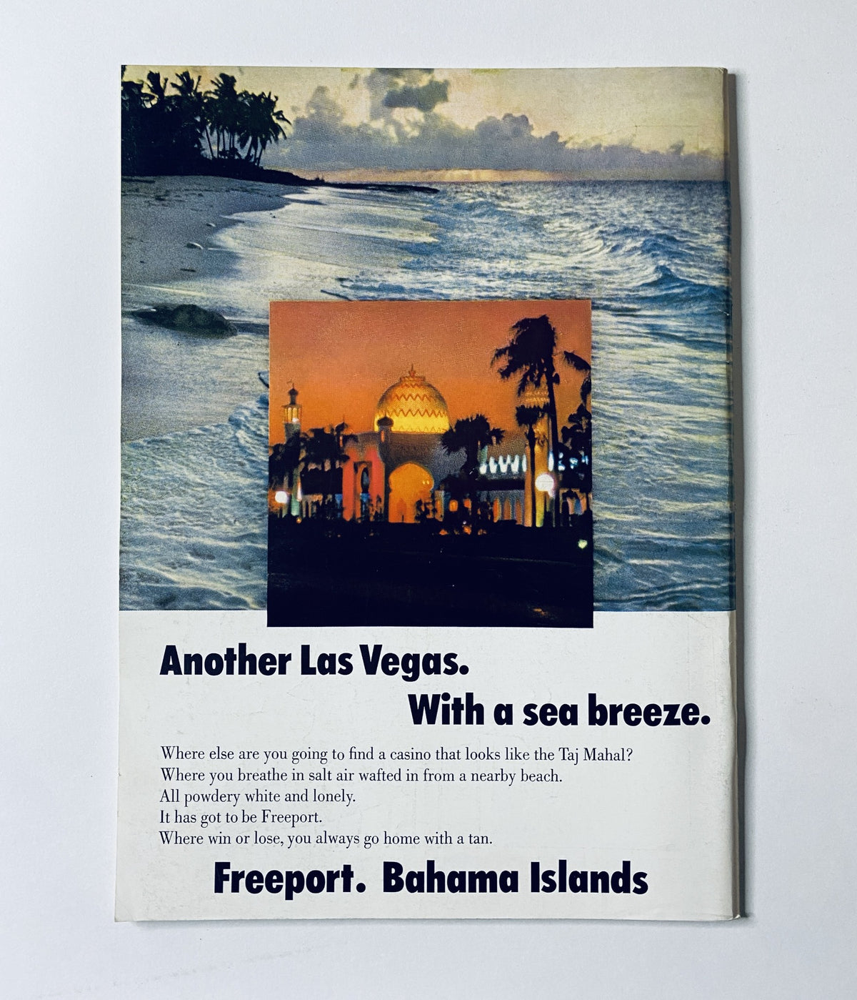 An advertisement from The New Yorker Magazine January 20, 1968 for Freeport, Bahamas Islands, highlighting the beauty of the beach and casino ambiance.