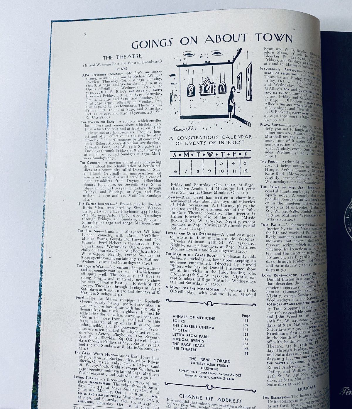 Interior page of The New Yorker Magazine dated October 5, 1968, showcasing the 'Goings On About Town' section with a calendar of events and articles related to theatre.