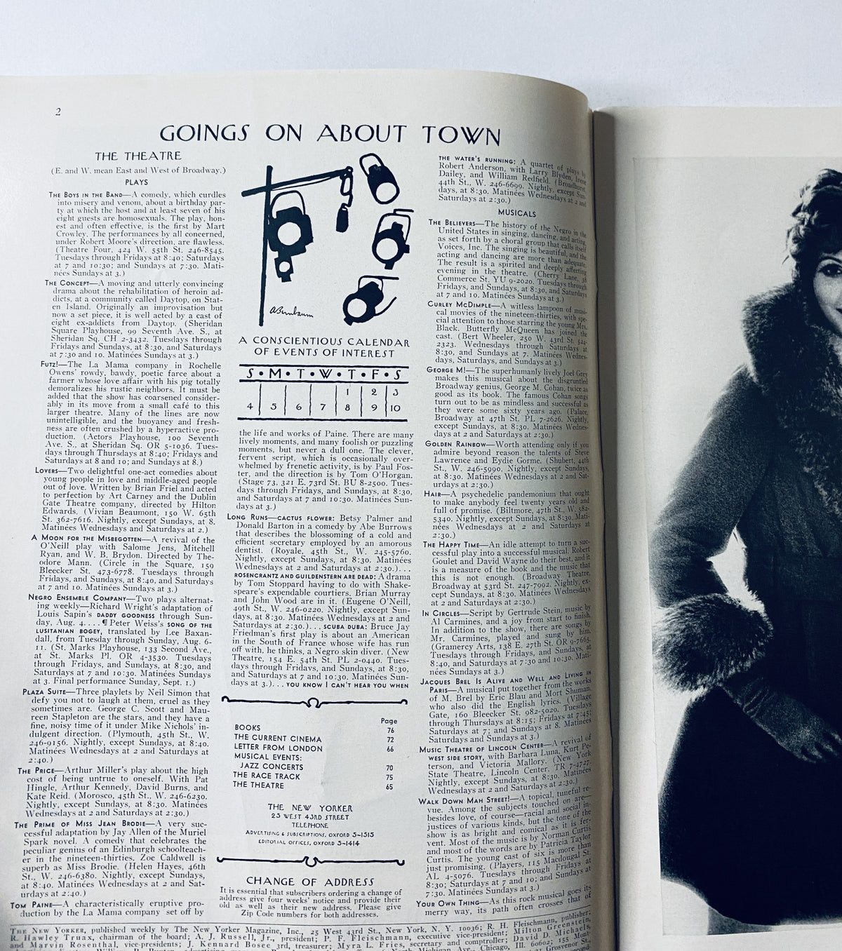 The New Yorker Magazine August 3, 1968 Stop Sign Landscape Cover by Arthur Getz featuring an inside page titled 'Goings On About Town' with a calendar of events and activities related to theatre.
