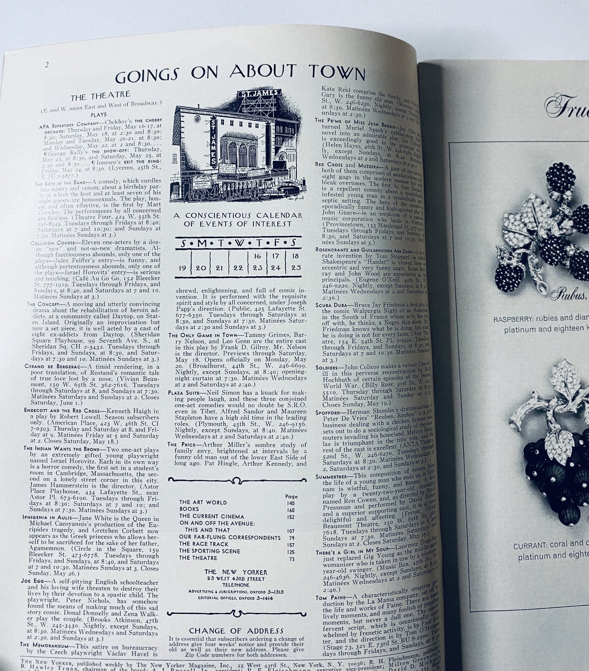 Inside page of The New Yorker Magazine May 18, 1968 displaying a calendar of events titled 'Goings On About Town,' including listings for theatre and art.