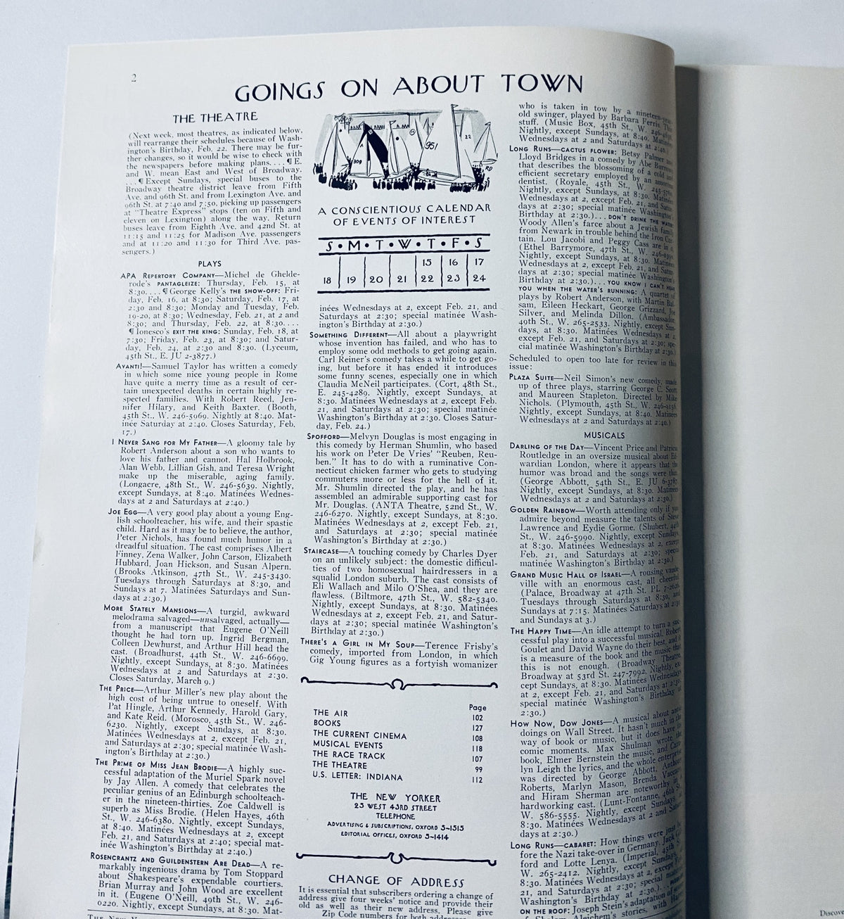 Inside page of The New Yorker Magazine February 17, 1968 displaying the 'Goings On About Town' section with a calendar of events and listings for theatre, cinema, and other cultural activities.