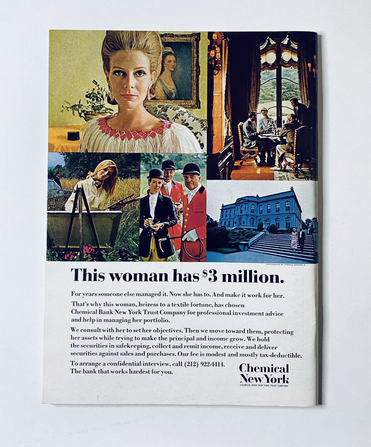 This is an advertisement featuring a sophisticated woman, illustrating wealth and professional success, accompanied by visuals representing various life scenarios. The caption "This woman has $3 million." highlights financial expertise, reinforcing the theme of the magazine cover titled 'The New Yorker Magazine February 17, 1968 James Stevenson Illustration Cover VG.'