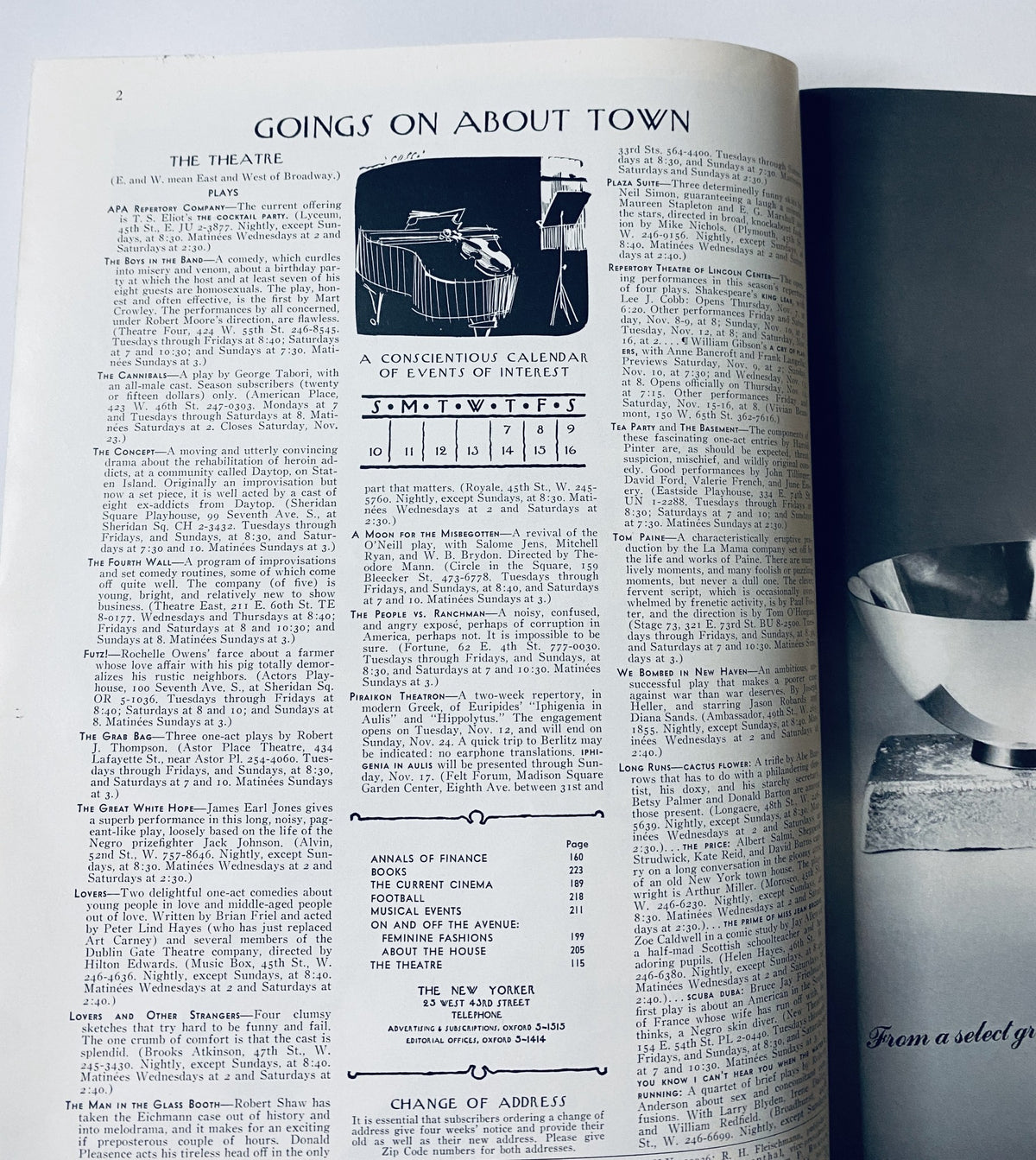 Inside page of The New Yorker Magazine November 9, 1968, listing the 'Goings On About Town' including a calendar of events and theatre listings.