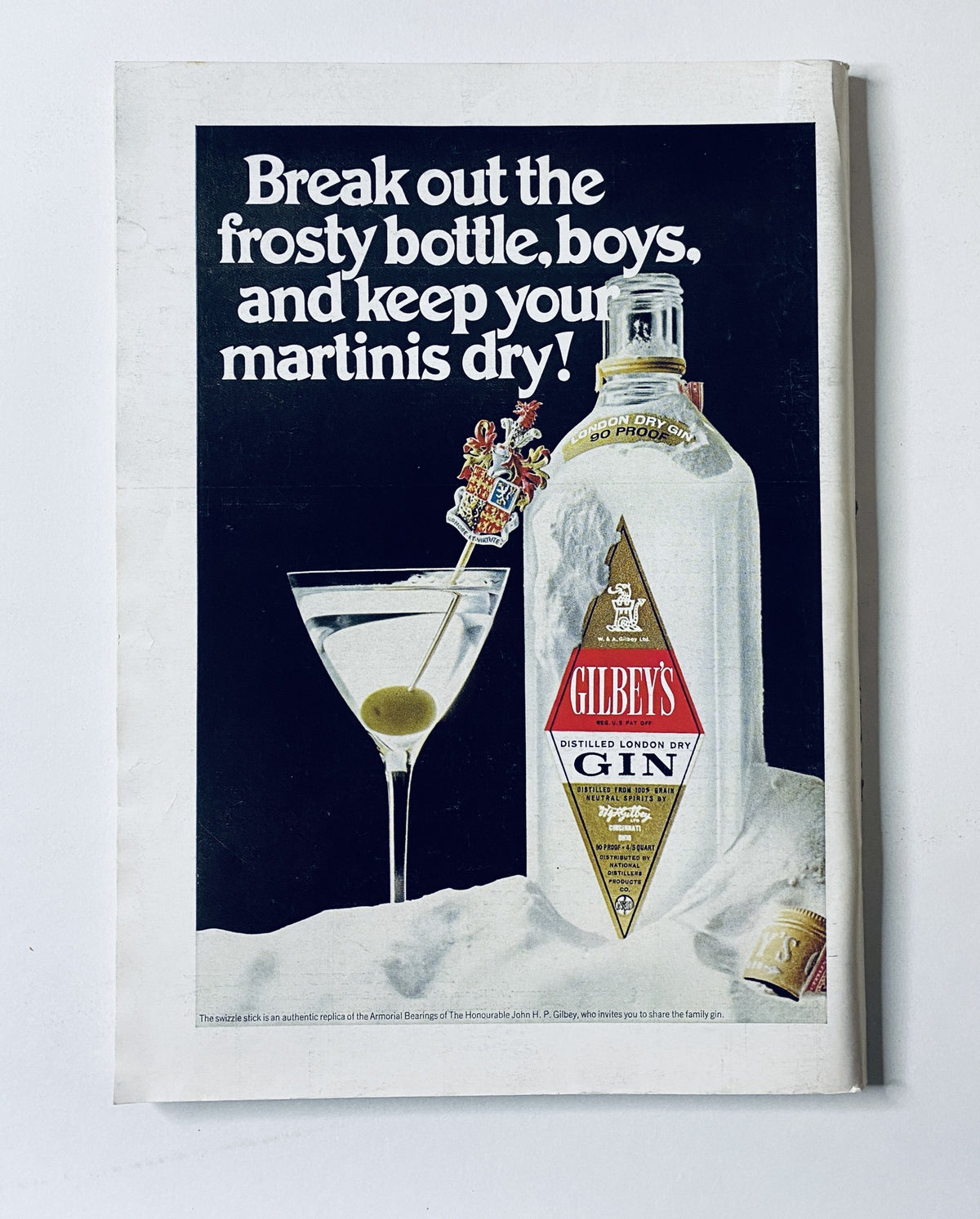 Advertisement from The New Yorker Magazine November 9, 1968 for Gilbey's Gin, featuring a cocktail glass with a martini and a playful message encouraging enjoyment.