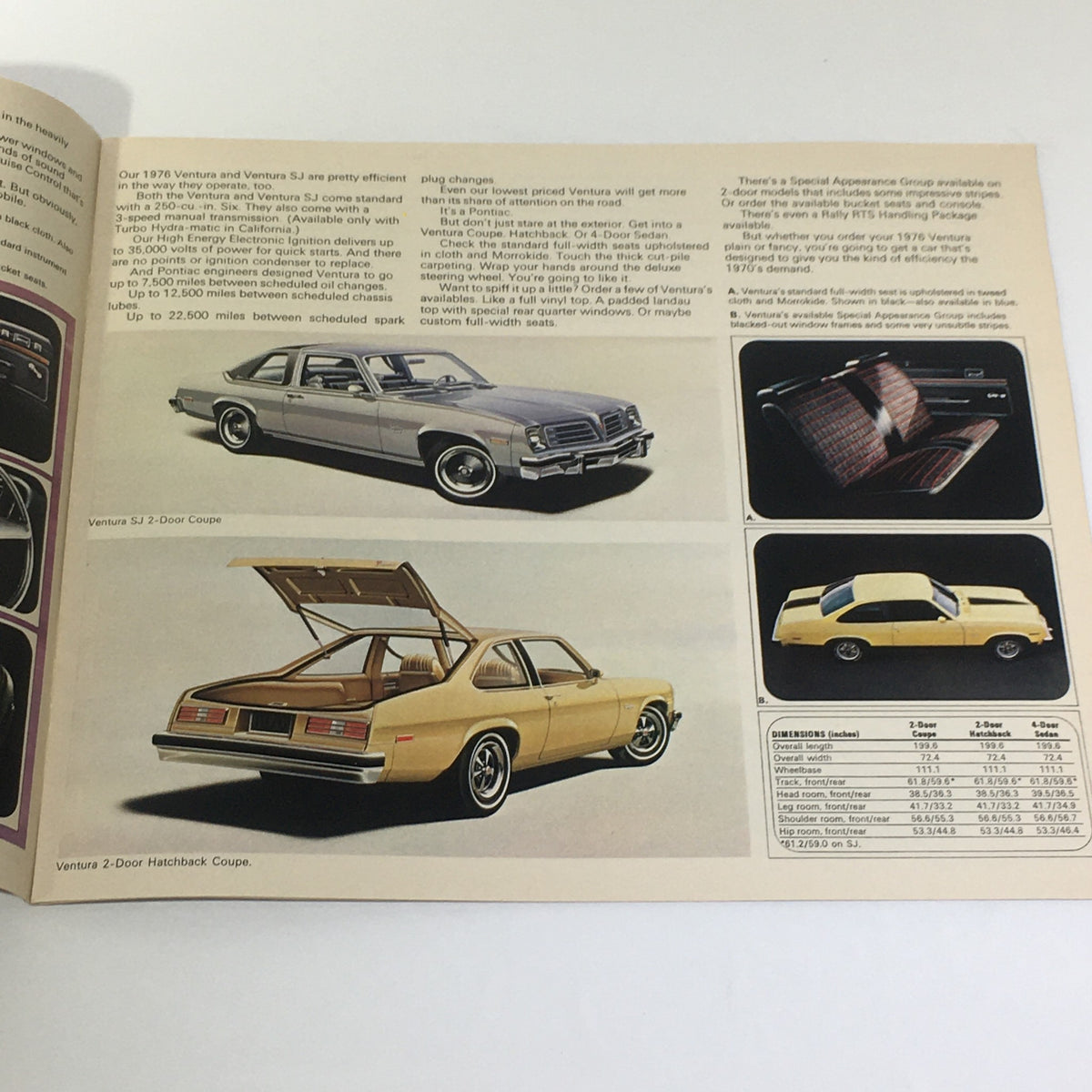 Inside view of the Vintage 1976 Pontiac Station Wagons 2-Door Hatchback Coupe Car Brochure Catalog, displaying images of Pontiac models including the 1976 Ventura.