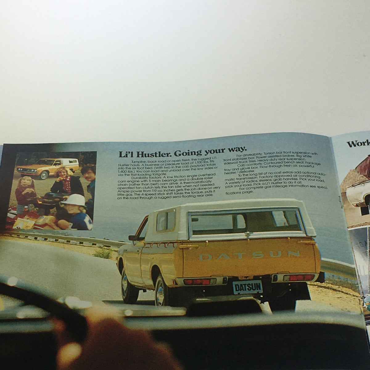 Vintage 1976 Datsun 600 Lil' Hustlers 4-Speed Stick Shift Car Catalog Brochure showcasing Li'l Hustler pickup truck on a scenic road with a family enjoying a picnic.