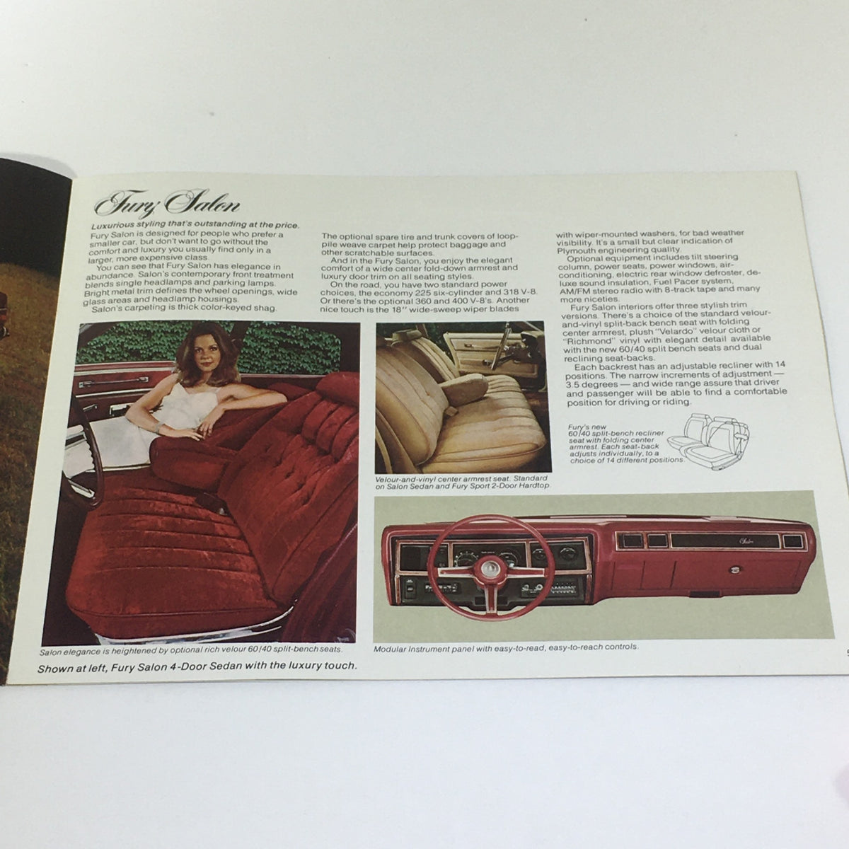 Interior view of the Vintage 1976 Plymouth Fury Fury Sport/Salon/Wagons brochure, highlighting luxurious seating and dashboard design.