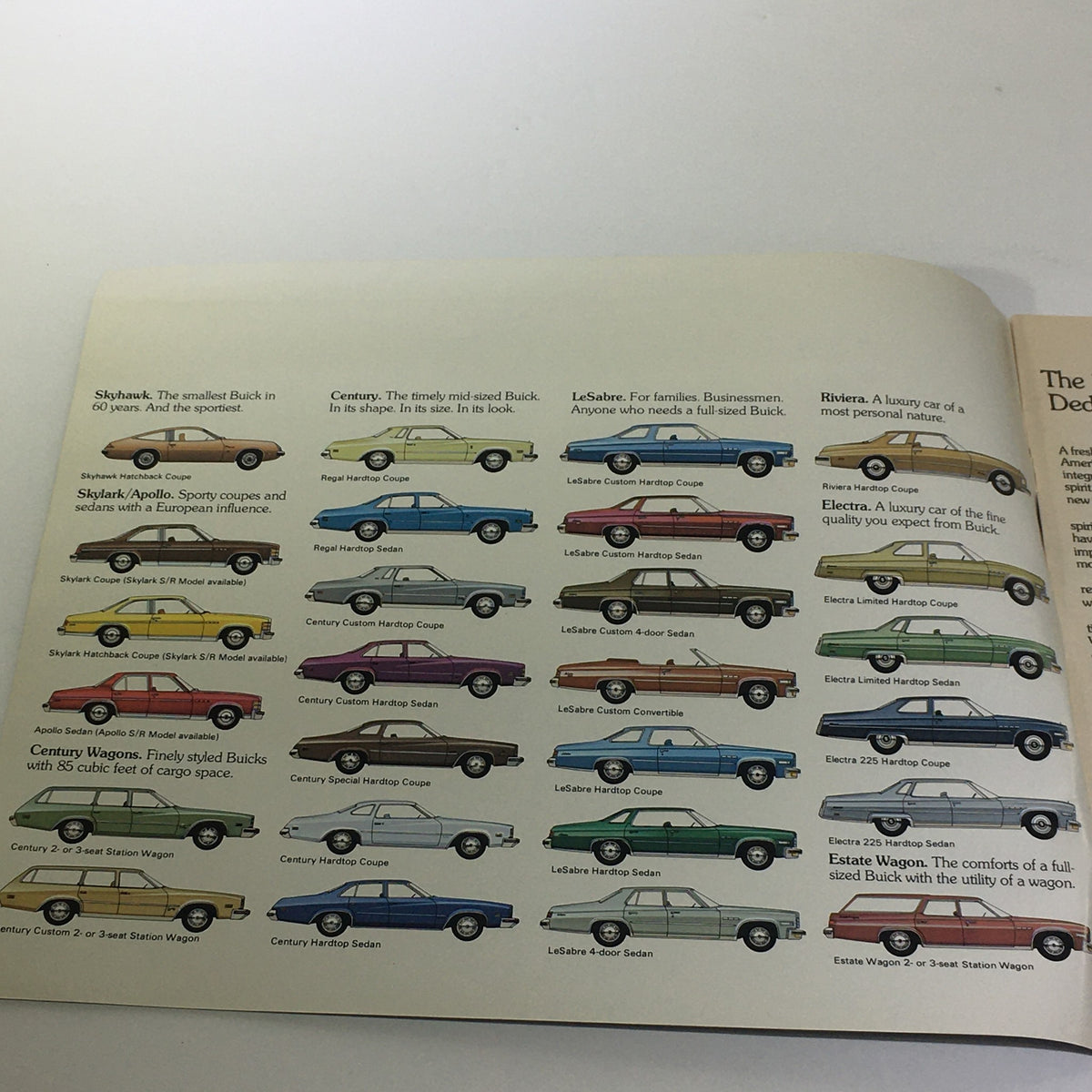 Interior page of the Vintage 1975 Buick Skyhawk-Century-Le Sabre-Riviera Hardtop Coupe Car Catalog displaying various Buick car models including Skyhawk, Century, Le Sabre, and Riviera.