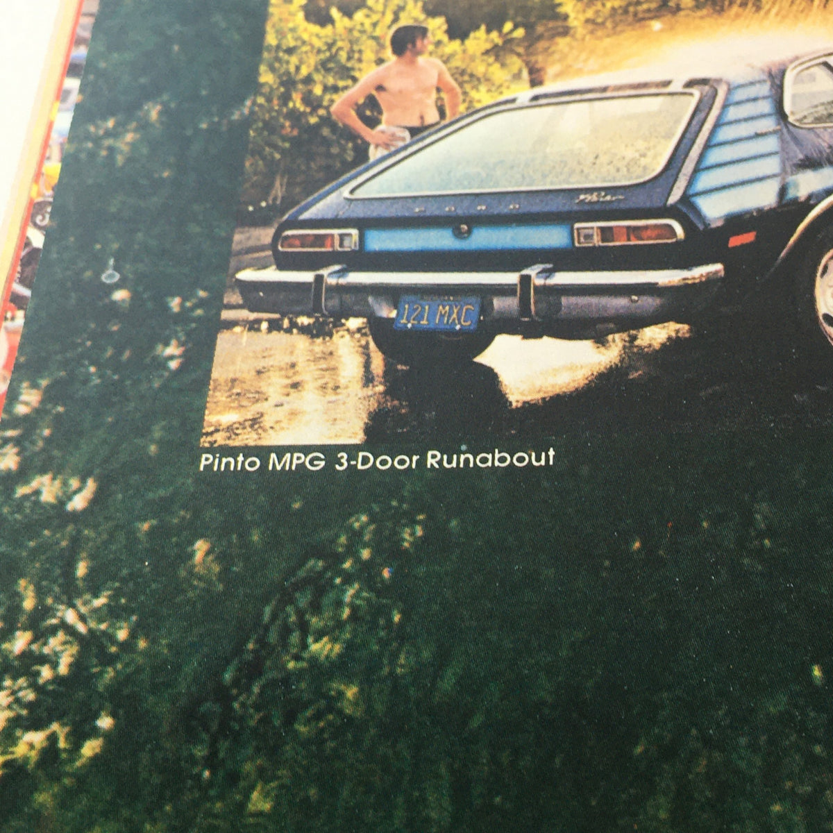 Vintage Free Wheelin' Mustang II MPG 2+2 Stallion - 1965 Shelby Cobra Car Brochure illustrating the Pinto MPG 3-Door Runabout with a scenic background.