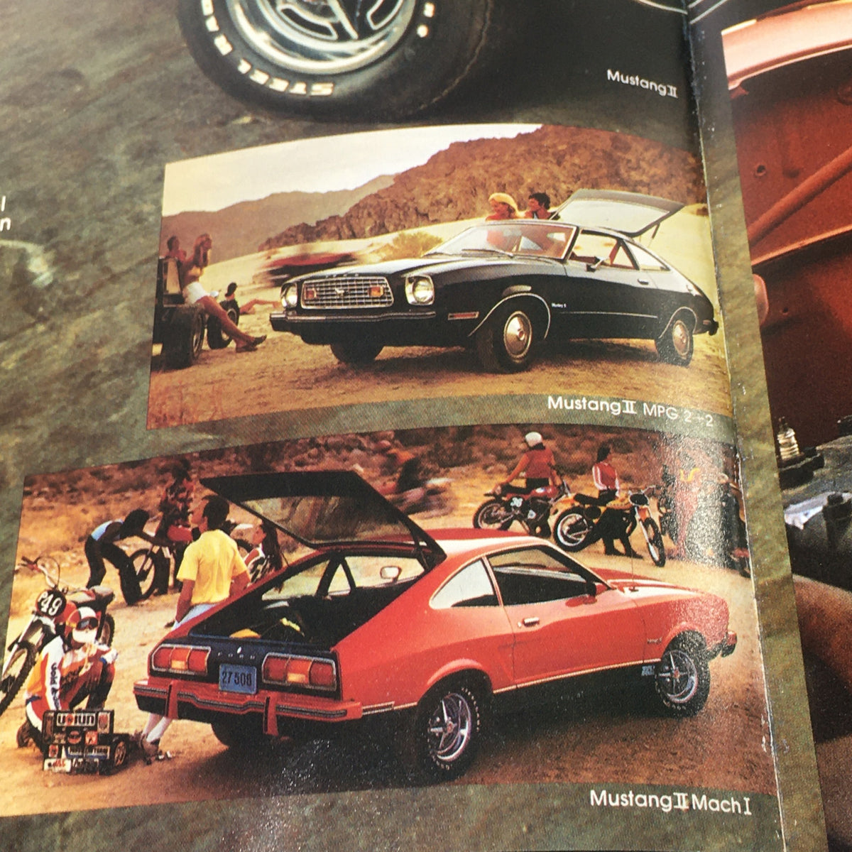 Vintage Free Wheelin' Mustang II MPG 2+2 Stallion-1965 Shelby Cobra Car Brochure showcasing the Mustang II cars at a scenic location.