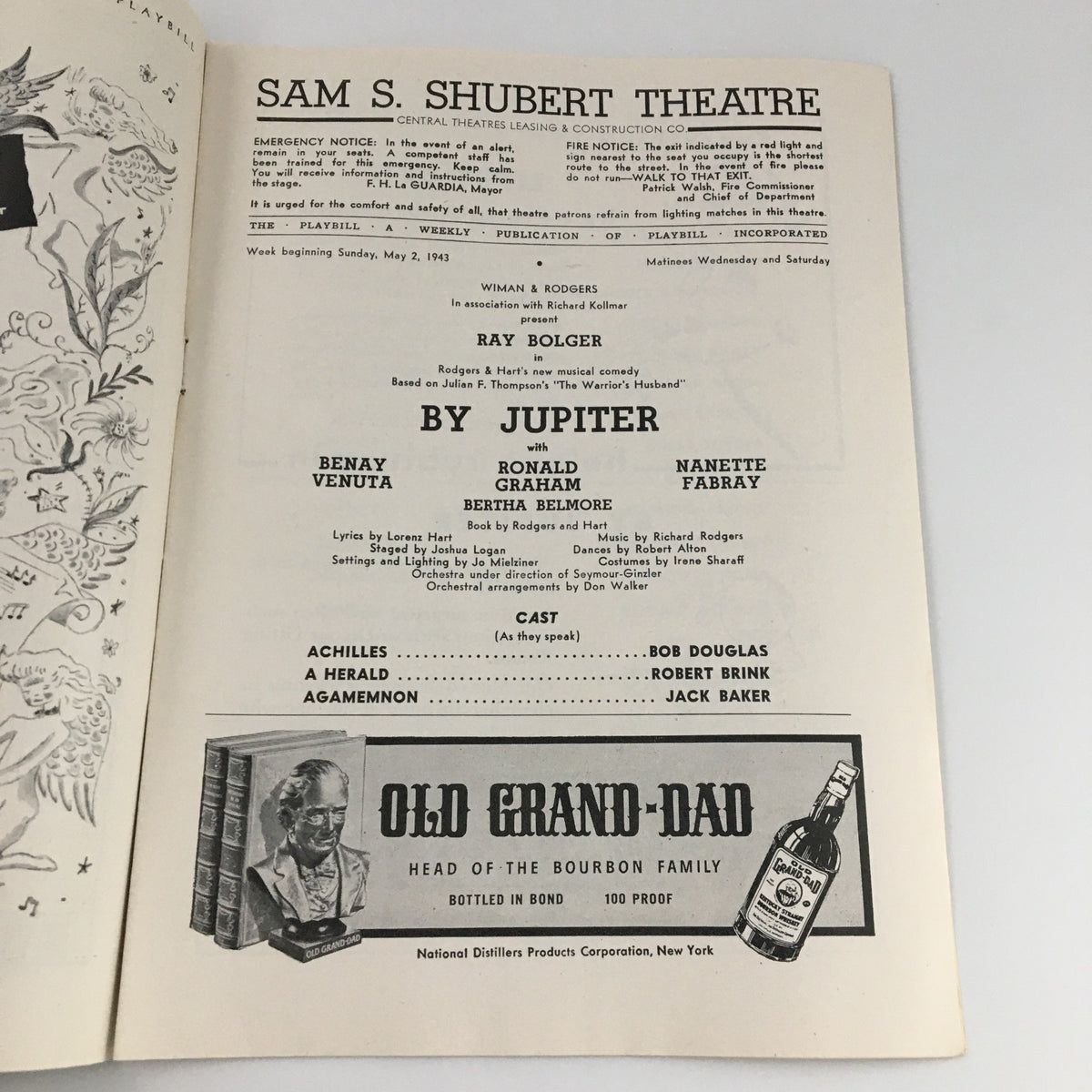 1943 Playbill for By Jupiter at Sam S. Shubert Theatre featuring cast names including Benay Venuta and Ronald Graham, showcasing vintage theatrical design and advertisements.