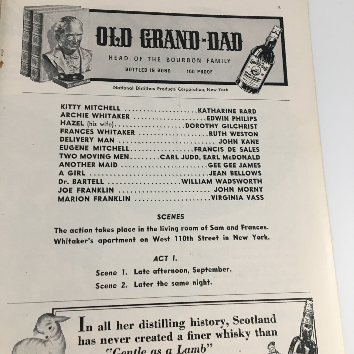 1943 Playbill from the Longacre Theatre for 'Three's A Family' featuring the cast list including Kitty Mitchell, Archie Whitaker, and others, showcasing a piece of theatrical history.