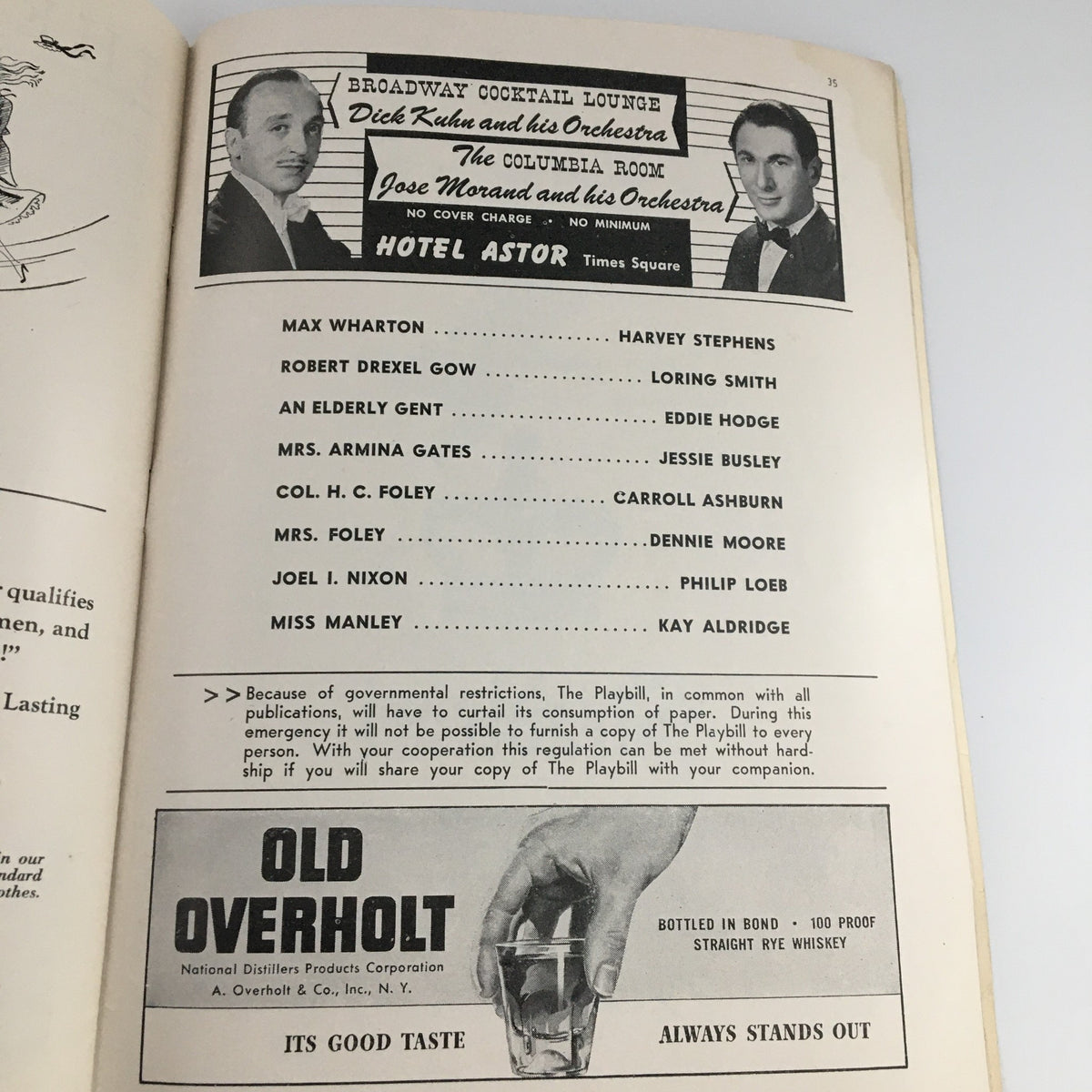 Another interior page of the 1944 Playbill for The Music Box 'Over Twenty-One,' featuring additional cast listings and vintage promotions.