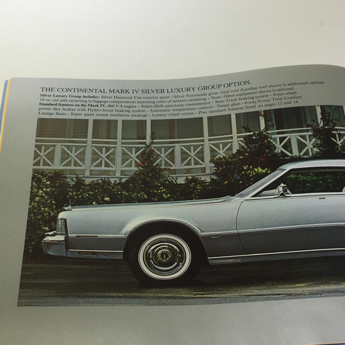 Interior page of the Vintage The 1975 Continentals Town Coupe/Town Car/Mark IV Car Catalog Brochure showing the Continental Mark IV Silver Luxury Group option highlighting its elegant features.