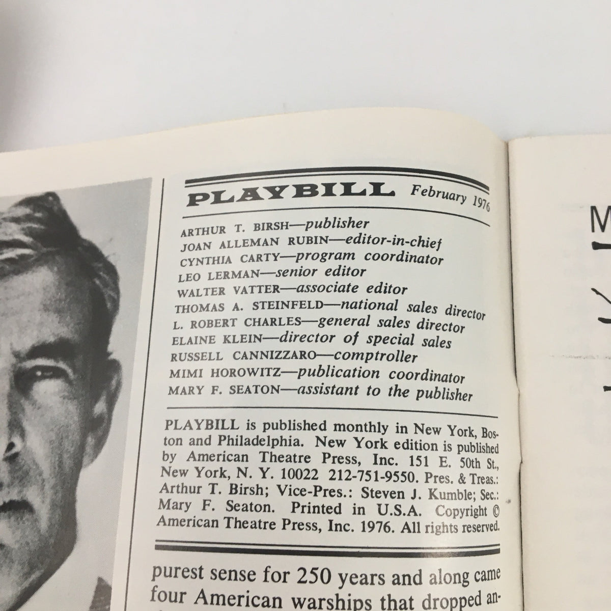 Inside page of the 1976 Playbill featuring production team details for 'The Shortchanged Review', showcasing contributors and their roles.