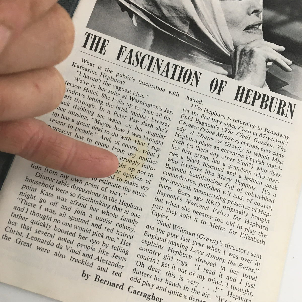 Close-up of a page from the 1976 'A Chorus Line' Playbill discussing Katharine Hepburn and her influence on theater.