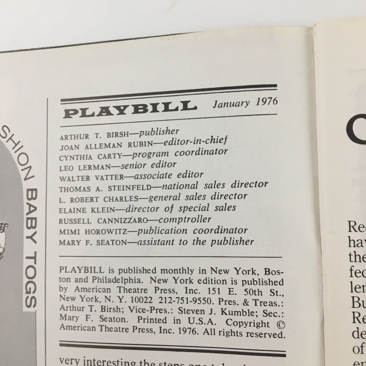 Publication details page from the January 1976 Playbill for 'A Chorus Line' featuring editorial and production team information.