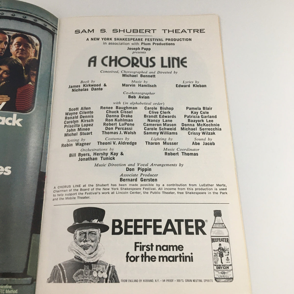 1976 Playbill from Shubert Theatre featuring 'A Chorus Line', showcasing cast members and credit information under the production of Joseph Papp.