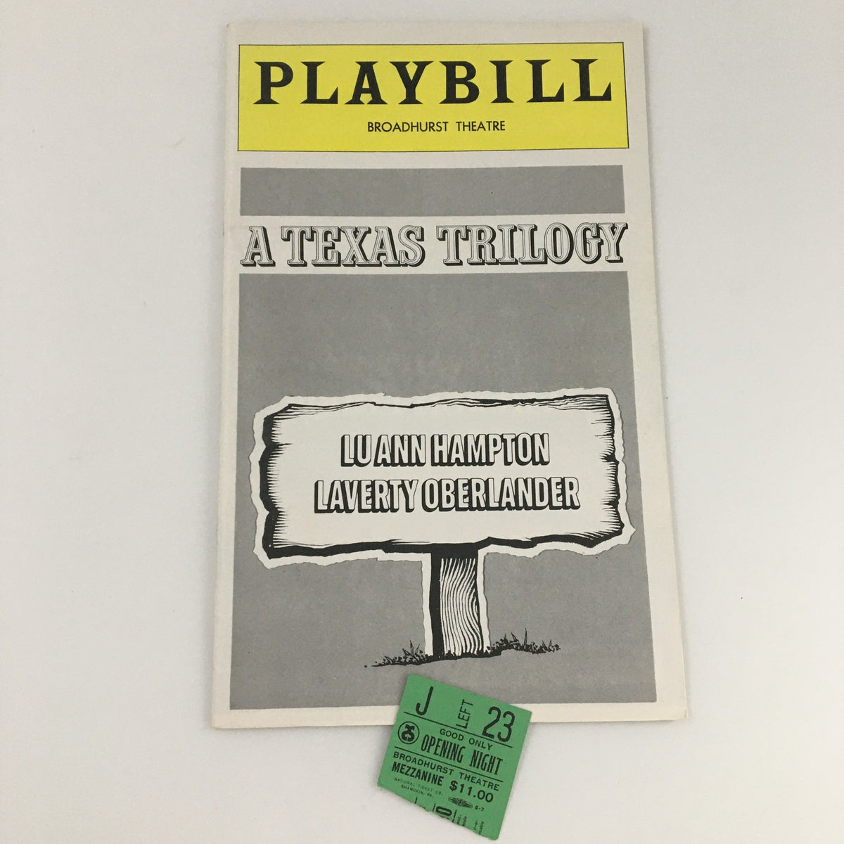 1976 Playbill for 'A Texas Trilogy' at Broadhurst Theatre with an opening night ticket, featuring Lu Ann Hampton and Laverty Oberlander.