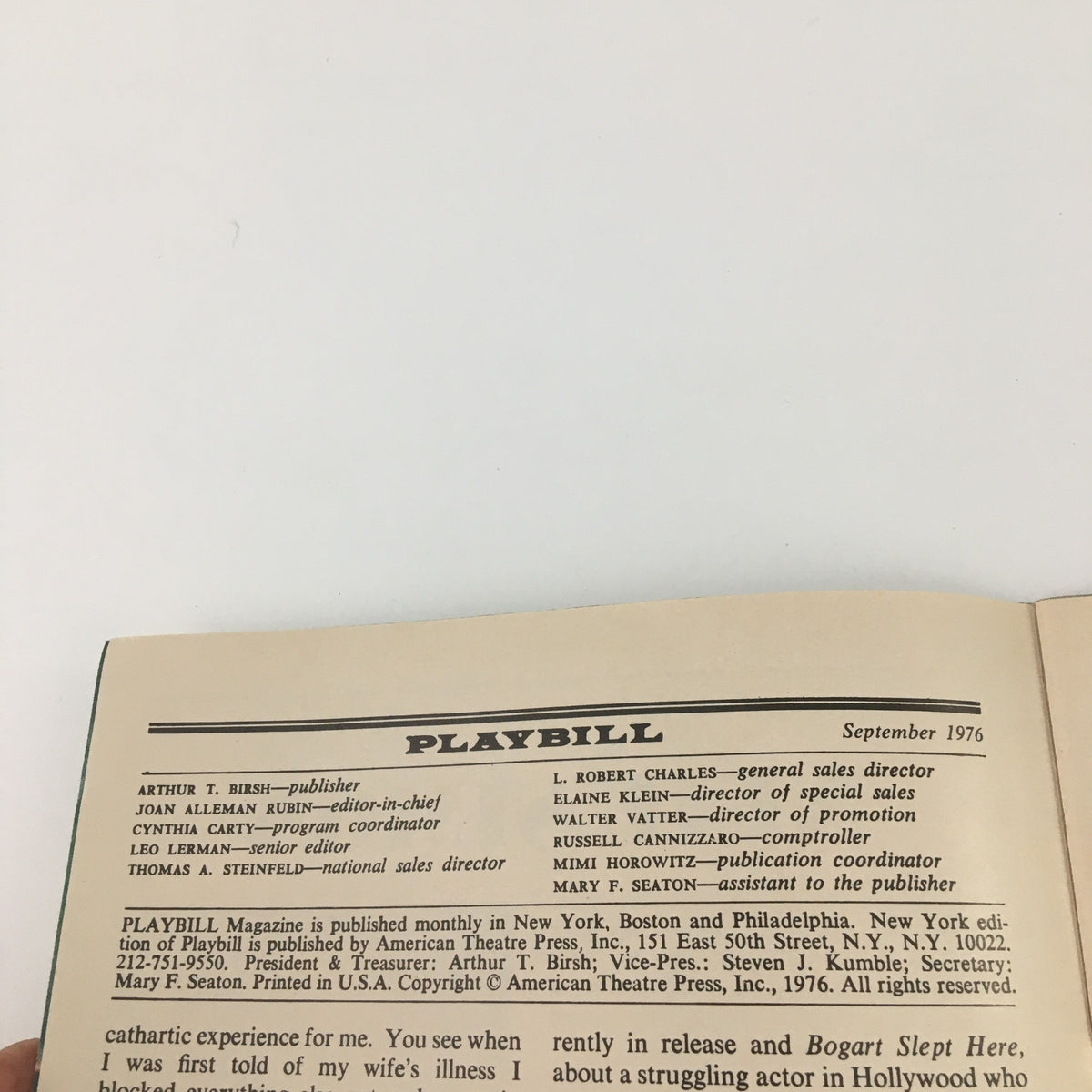 1976 Playbill for 'A Texas Trilogy' at Broadhurst Theatre, featuring cast and production details including directors and publisher information.