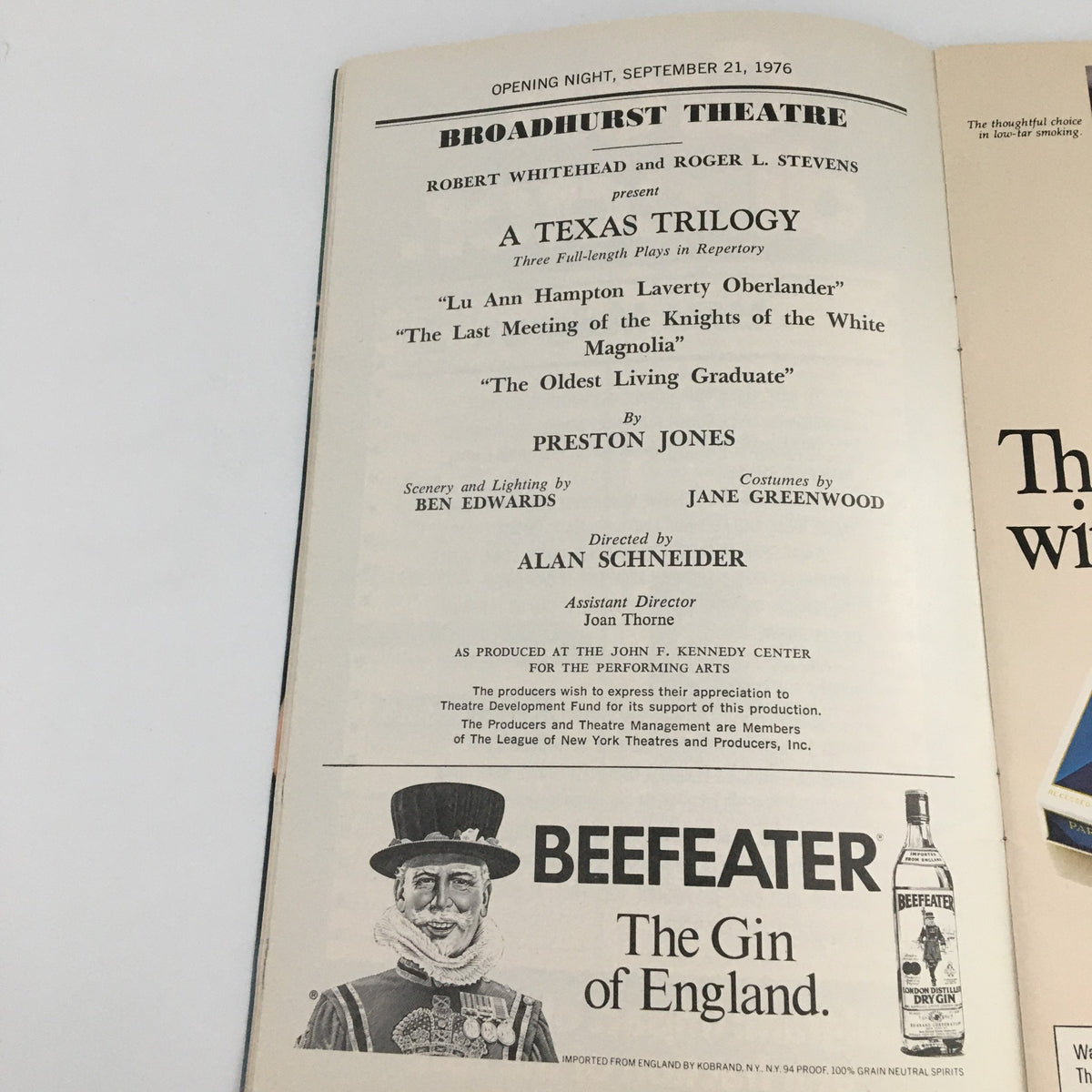 Inside view of the 1976 Playbill showcasing 'A Texas Trilogy', including details about the opening night and specific scenes from the play.